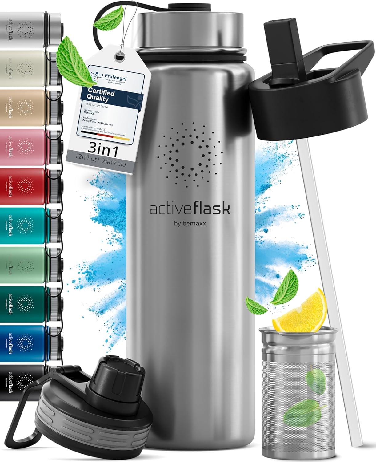 imageGourde Inox Isotherme ACTIVE FLASK 1l500ml sans BPA Paille 3 Bouchons Bouteille deau Acier Inoxydable Isole Thermos Rutilisable Camping Velo Sport Running Randonne Enfant Caf TheClassic Stainless