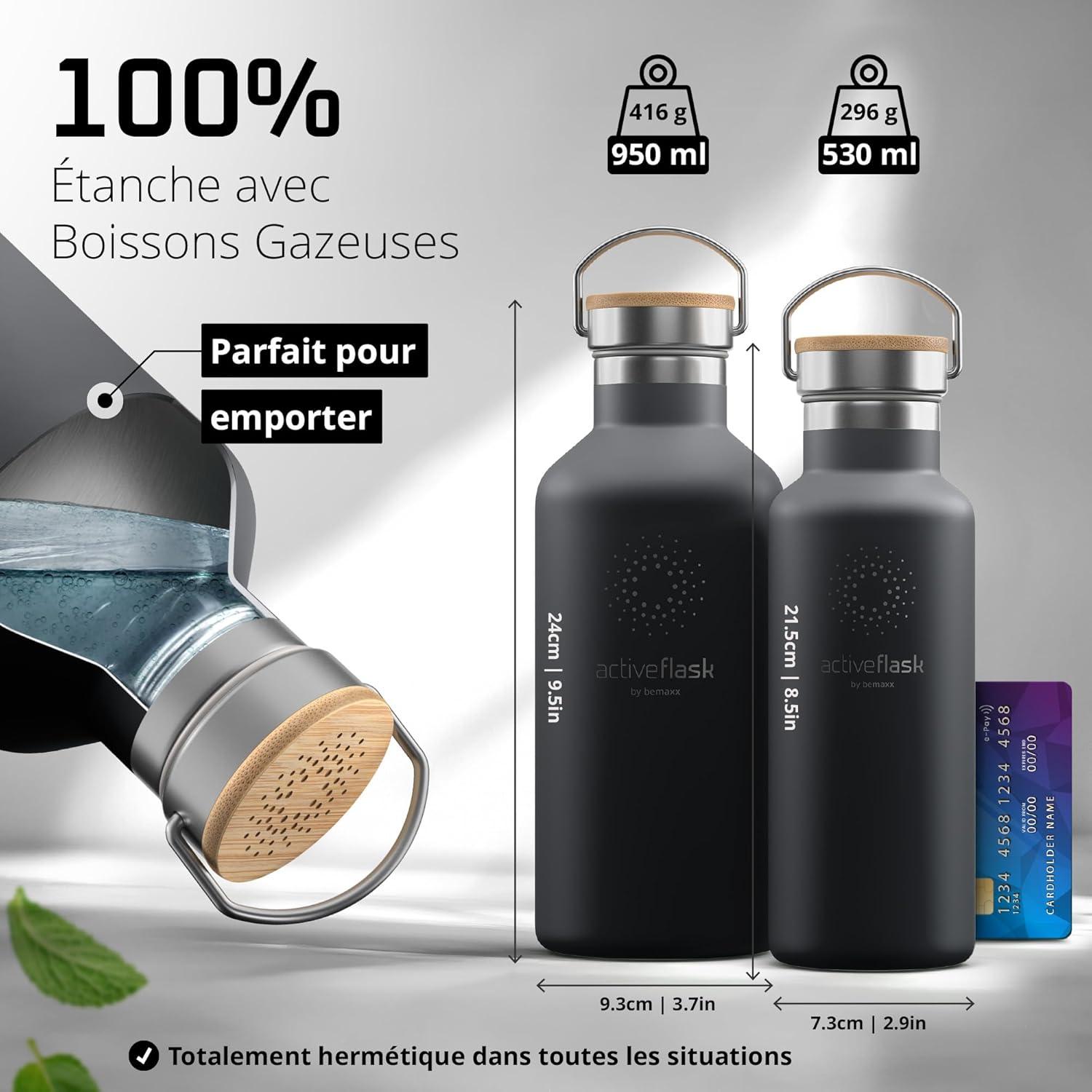 imageGourde Inox Isotherme ACTIVE FLASK 1l500ml sans BPA Paille 3 Bouchons Bouteille deau Acier Inoxydable Isole Thermos Rutilisable Camping Velo Sport Running Randonne Enfant Caf TheCool Grey Bamboo