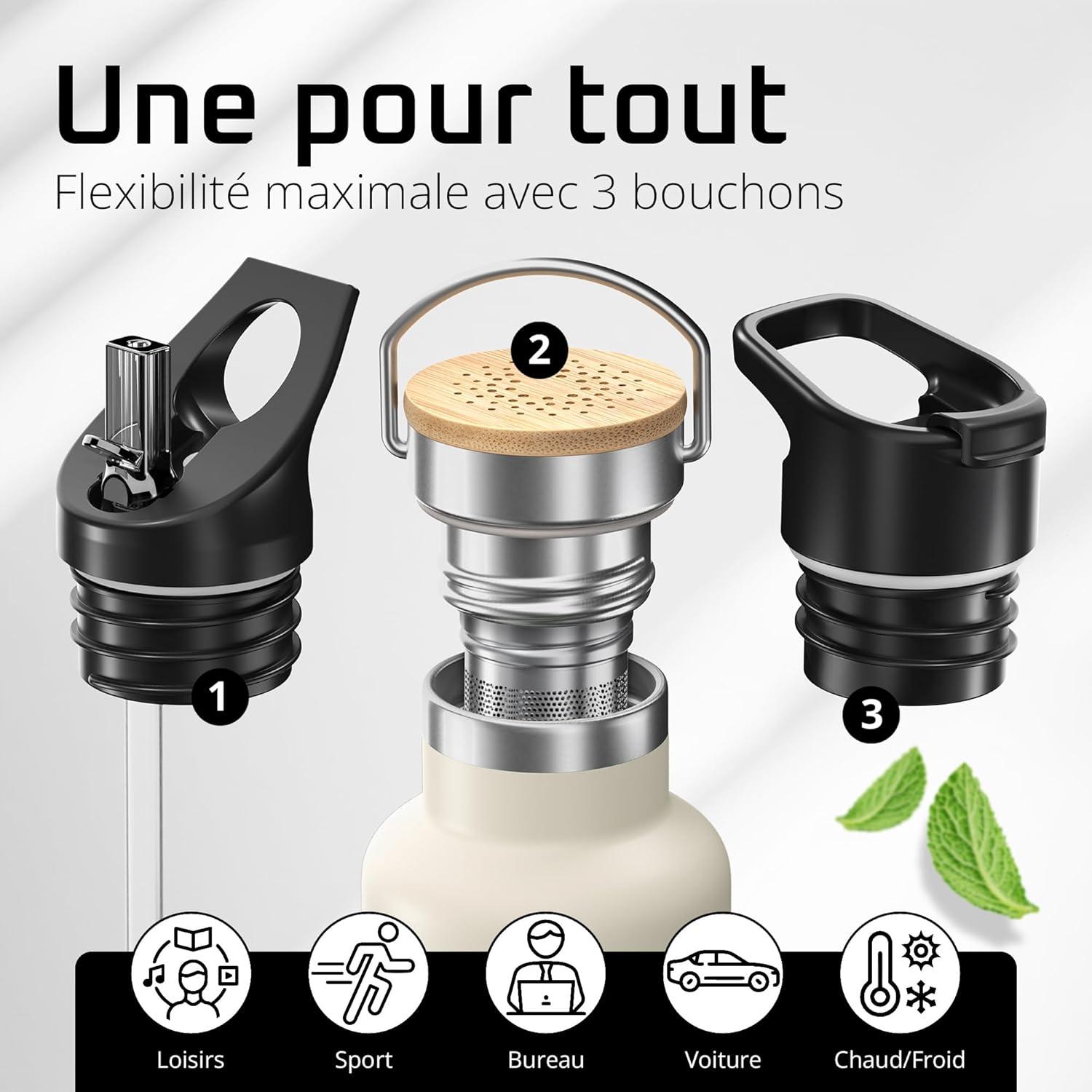 imageGourde Inox Isotherme ACTIVE FLASK 1l500ml sans BPA Paille 3 Bouchons Bouteille deau Acier Inoxydable Isole Thermos Rutilisable Camping Velo Sport Running Randonne Enfant Caf TheCream White Bamboo