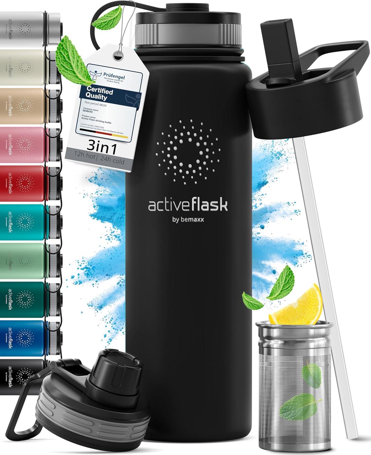 imageGourde Inox Isotherme ACTIVE FLASK 1l500ml sans BPA Paille 3 Bouchons Bouteille deau Acier Inoxydable Isole Thermos Rutilisable Camping Velo Sport Running Randonne Enfant Caf TheSolid Black