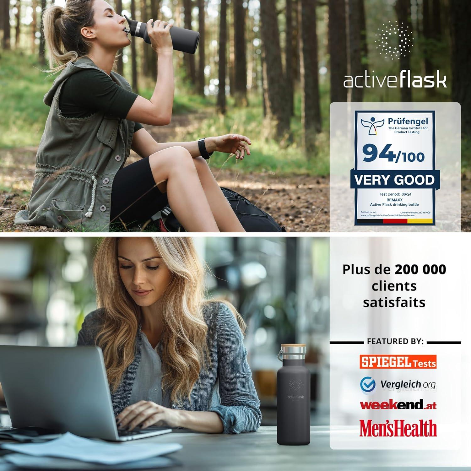 imageGourde Inox Isotherme ACTIVE FLASK 1l500ml sans BPA Paille 3 Bouchons Bouteille deau Acier Inoxydable Isole Thermos Rutilisable Camping Velo Sport Running Randonne Enfant Caf TheCool Grey Bamboo