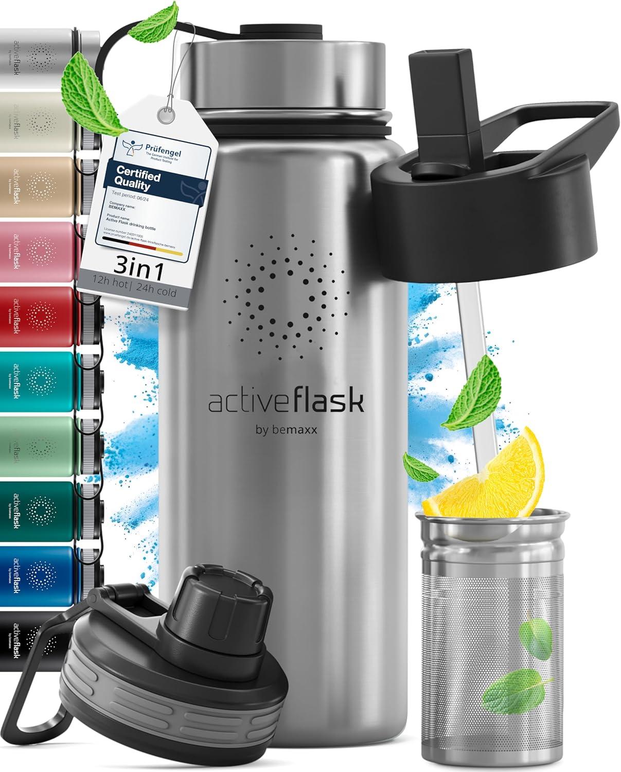 imageGourde Inox Isotherme ACTIVE FLASK 1l500ml sans BPA Paille 3 Bouchons Bouteille deau Acier Inoxydable Isole Thermos Rutilisable Camping Velo Sport Running Randonne Enfant Caf TheClassic Stainless