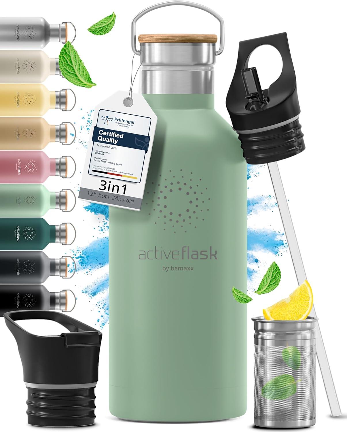 imageGourde Inox Isotherme ACTIVE FLASK 1l500ml sans BPA Paille 3 Bouchons Bouteille deau Acier Inoxydable Isole Thermos Rutilisable Camping Velo Sport Running Randonne Enfant Caf TheSage Bamboo