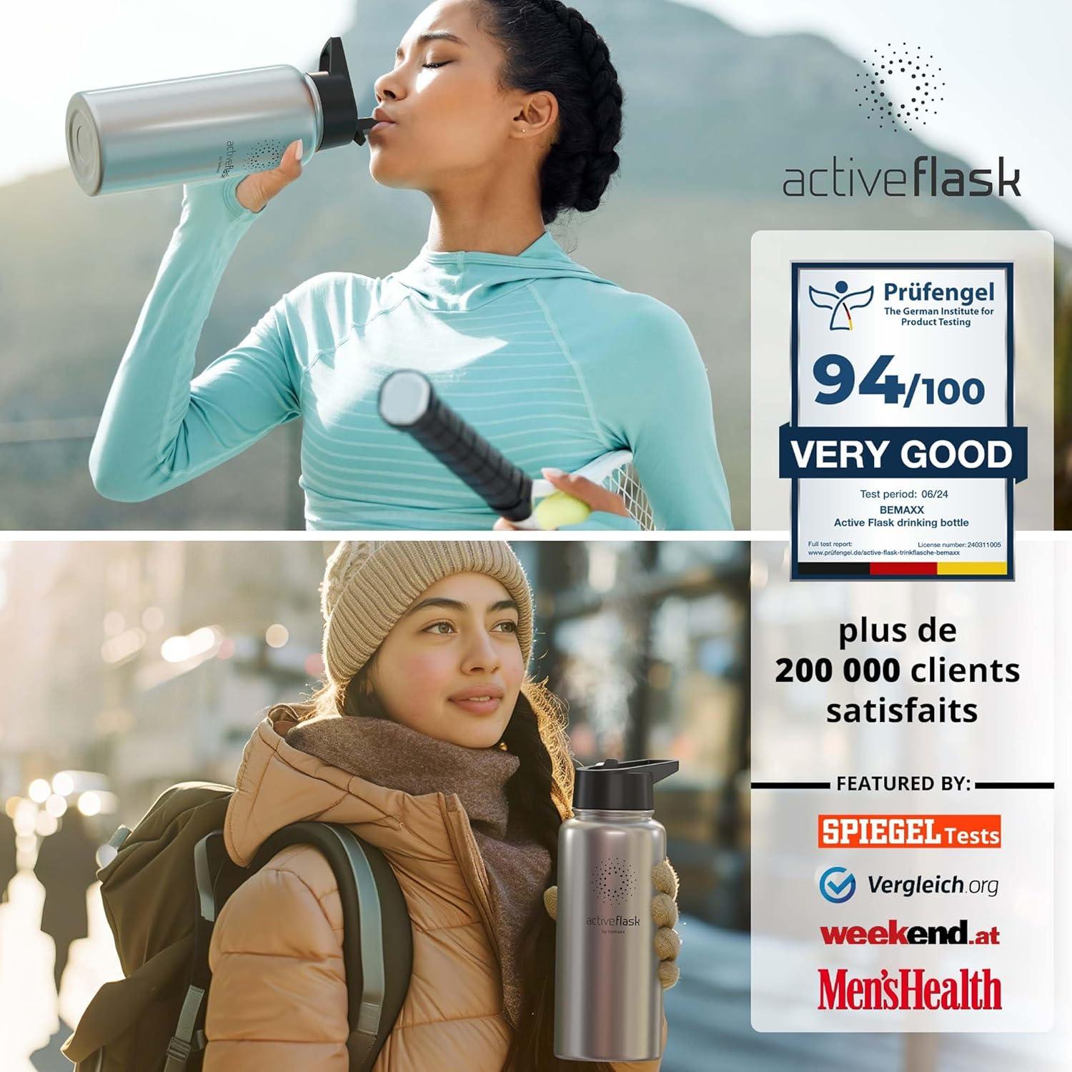 imageGourde Inox Isotherme ACTIVE FLASK 1l500ml sans BPA Paille 3 Bouchons Bouteille deau Acier Inoxydable Isole Thermos Rutilisable Camping Velo Sport Running Randonne Enfant Caf TheClassic Stainless