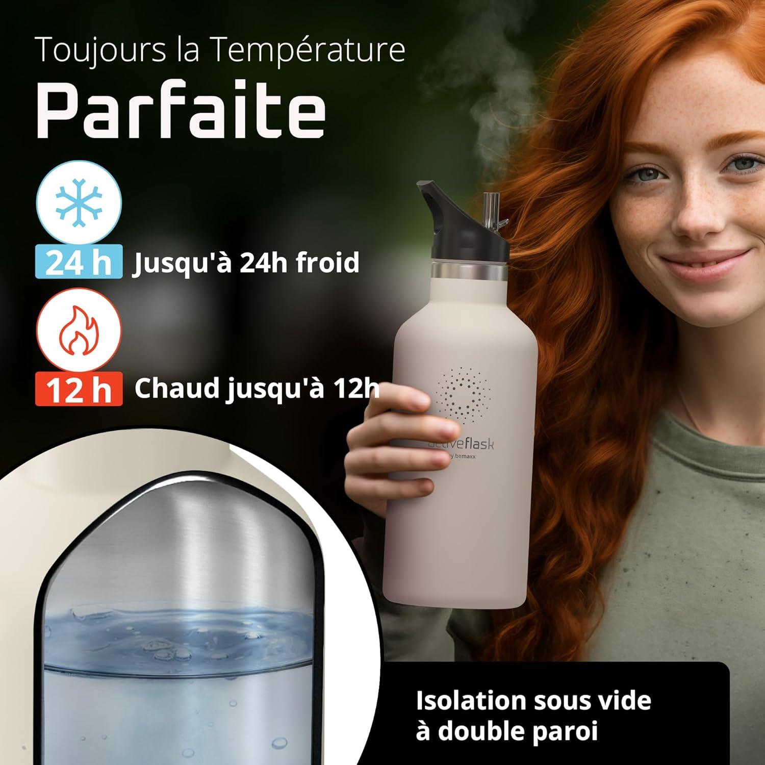 imageGourde Inox Isotherme ACTIVE FLASK 1l500ml sans BPA Paille 3 Bouchons Bouteille deau Acier Inoxydable Isole Thermos Rutilisable Camping Velo Sport Running Randonne Enfant Caf TheCream White Bamboo