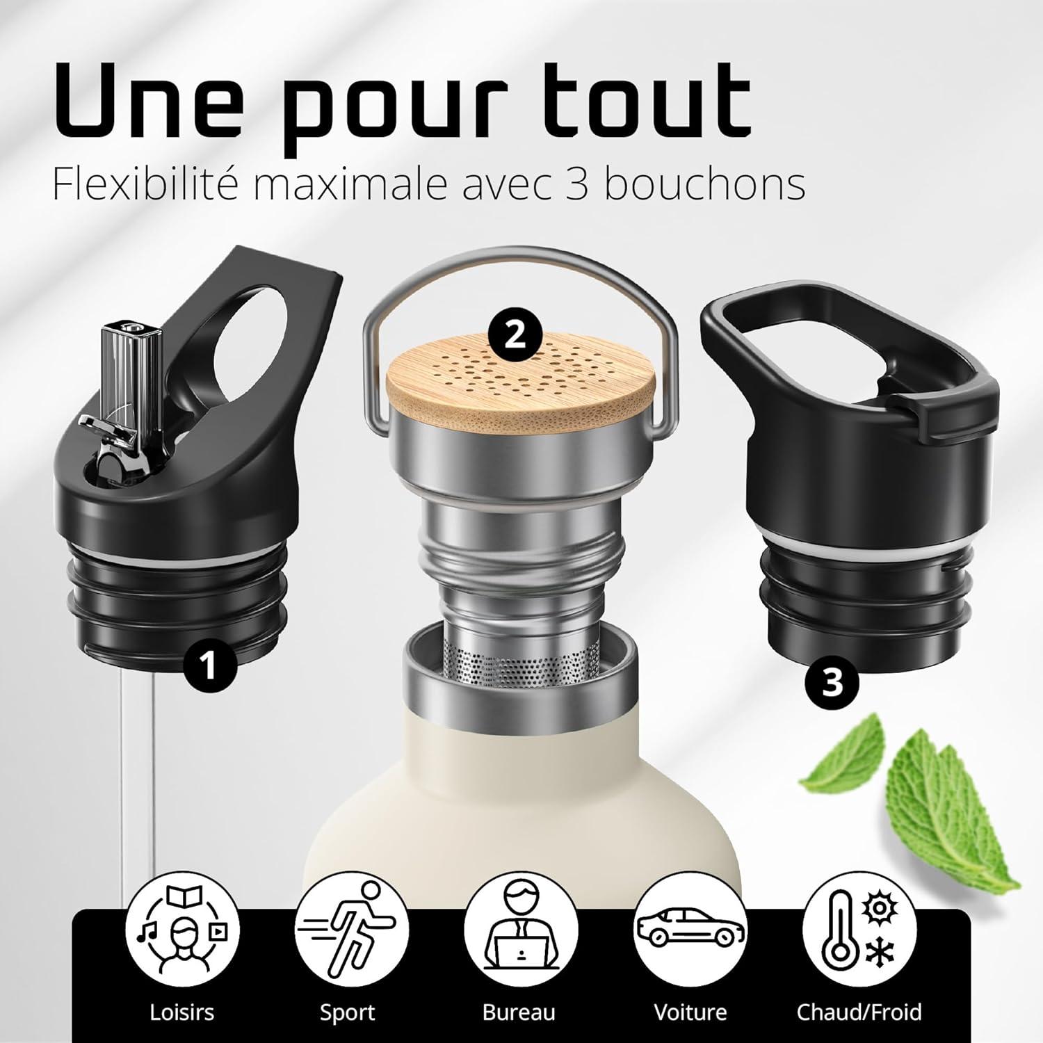 imageGourde Inox Isotherme ACTIVE FLASK 1l500ml sans BPA Paille 3 Bouchons Bouteille deau Acier Inoxydable Isole Thermos Rutilisable Camping Velo Sport Running Randonne Enfant Caf TheCream White Bamboo