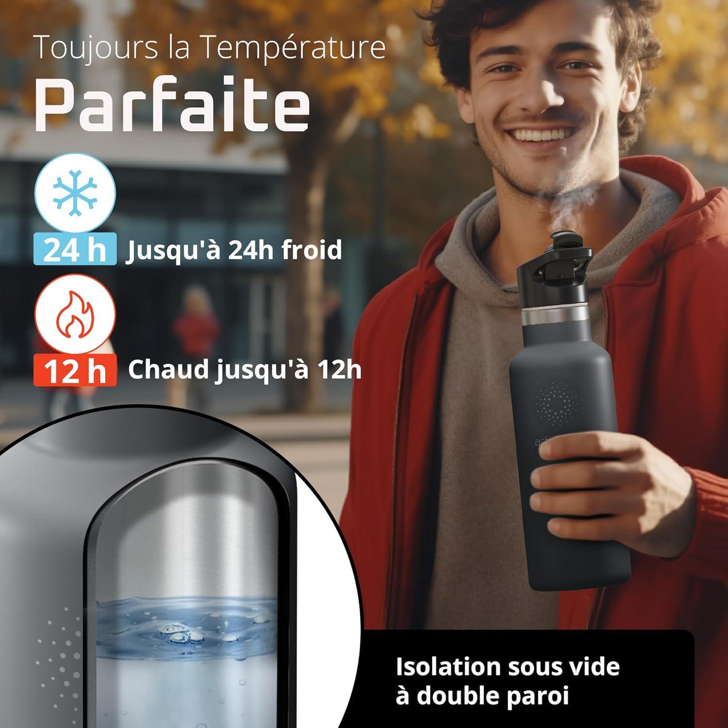 imageGourde Inox Isotherme ACTIVE FLASK 1l500ml sans BPA Paille 3 Bouchons Bouteille deau Acier Inoxydable Isole Thermos Rutilisable Camping Velo Sport Running Randonne Enfant Caf TheCool Grey Bamboo