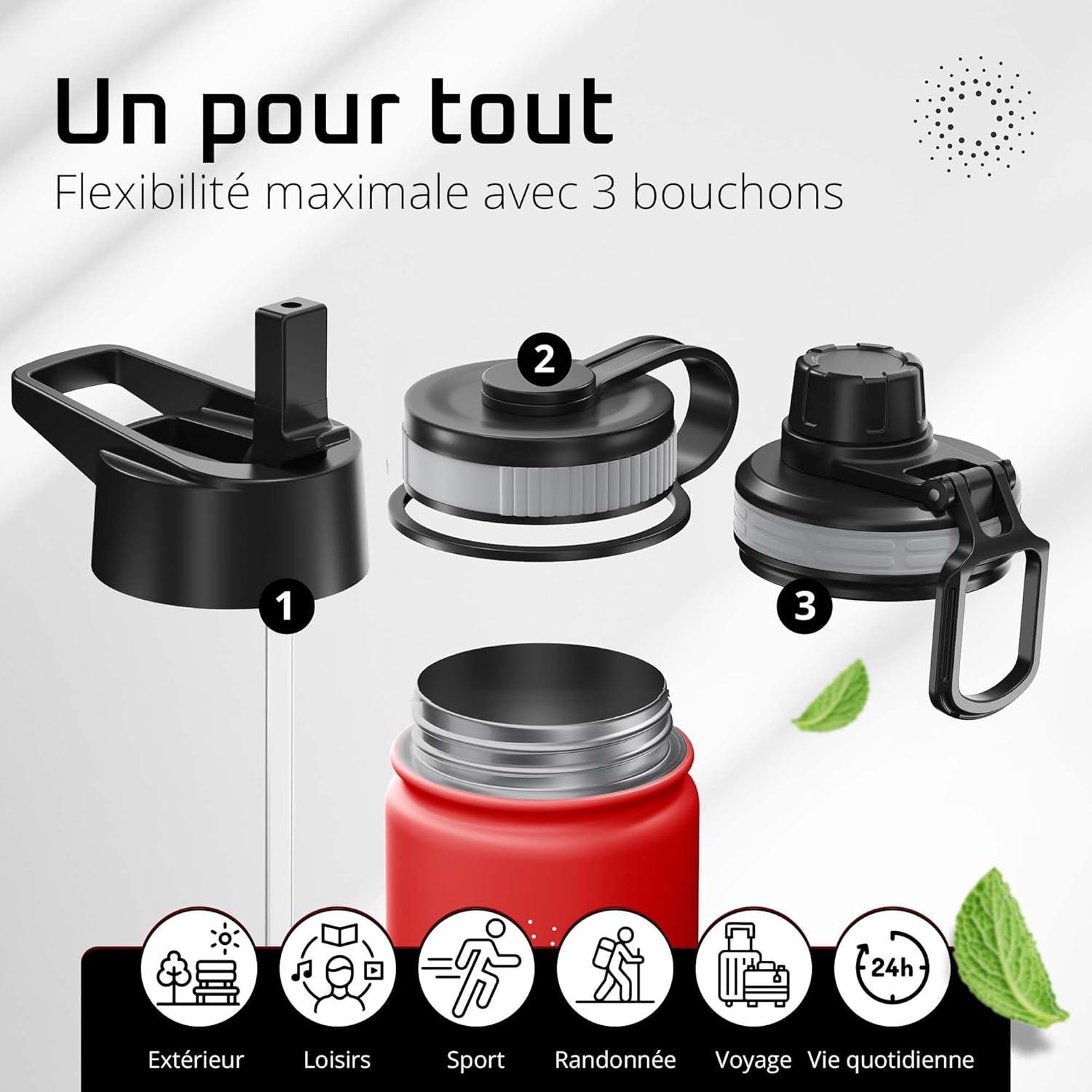 imageGourde Inox Isotherme ACTIVE FLASK 1l500ml sans BPA Paille 3 Bouchons Bouteille deau Acier Inoxydable Isole Thermos Rutilisable Camping Velo Sport Running Randonne Enfant Caf TheWild Red
