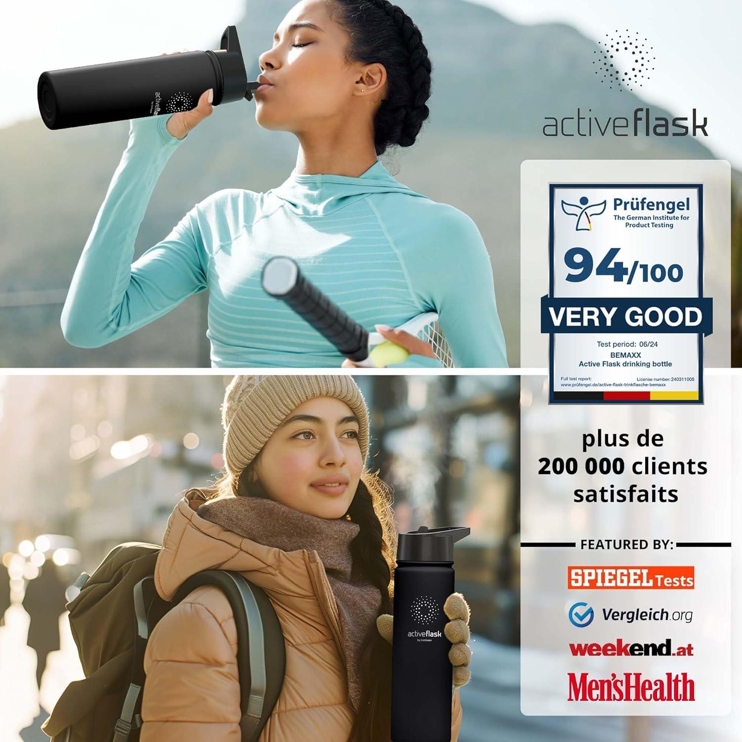 imageGourde Inox Isotherme ACTIVE FLASK 1l500ml sans BPA Paille 3 Bouchons Bouteille deau Acier Inoxydable Isole Thermos Rutilisable Camping Velo Sport Running Randonne Enfant Caf TheSolid Black