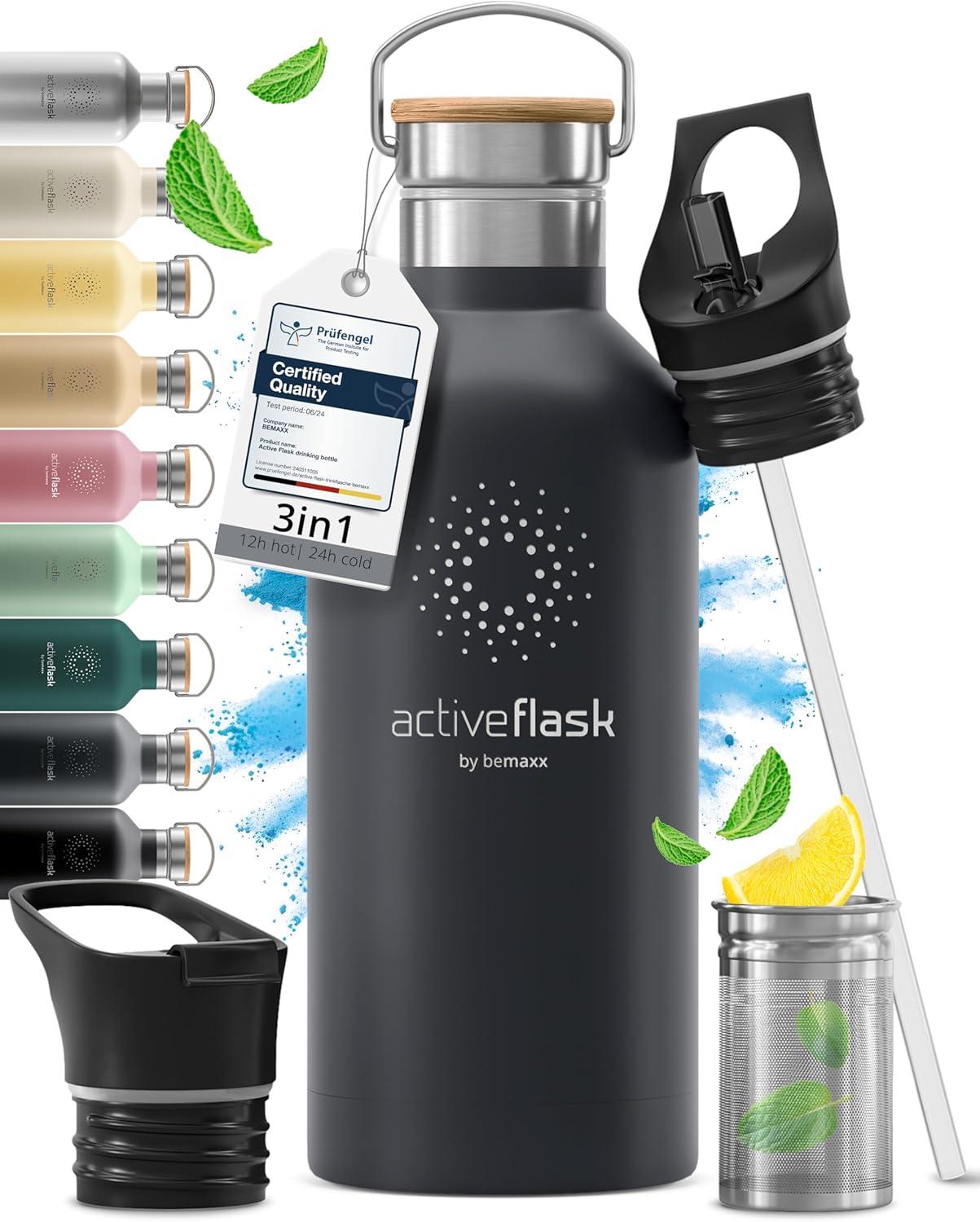 imageGourde Inox Isotherme ACTIVE FLASK 1l500ml sans BPA Paille 3 Bouchons Bouteille deau Acier Inoxydable Isole Thermos Rutilisable Camping Velo Sport Running Randonne Enfant Caf TheCool Grey Bamboo