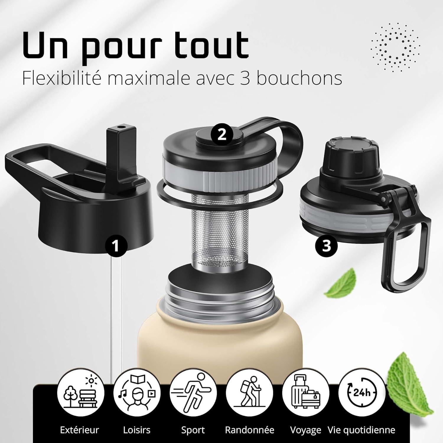 imageGourde Inox Isotherme ACTIVE FLASK 1l500ml sans BPA Paille 3 Bouchons Bouteille deau Acier Inoxydable Isole Thermos Rutilisable Camping Velo Sport Running Randonne Enfant Caf TheBeige