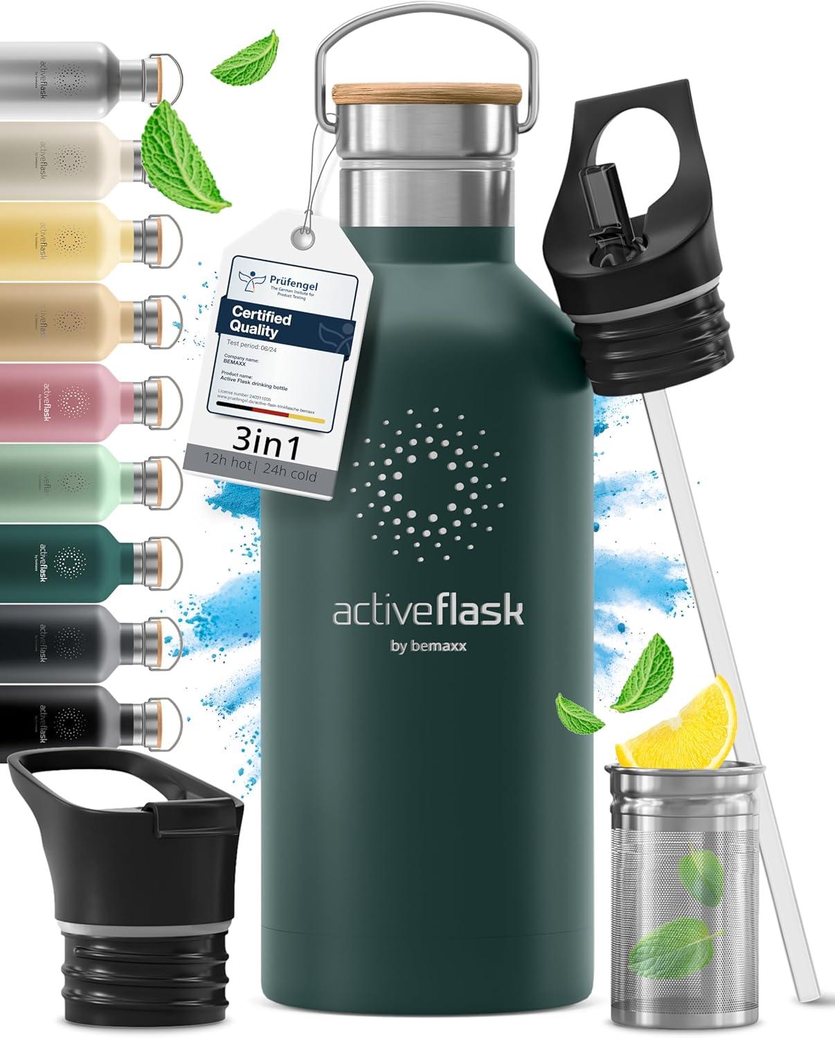 imageGourde Inox Isotherme ACTIVE FLASK 1l500ml sans BPA Paille 3 Bouchons Bouteille deau Acier Inoxydable Isole Thermos Rutilisable Camping Velo Sport Running Randonne Enfant Caf TheDark Teal Bamboo
