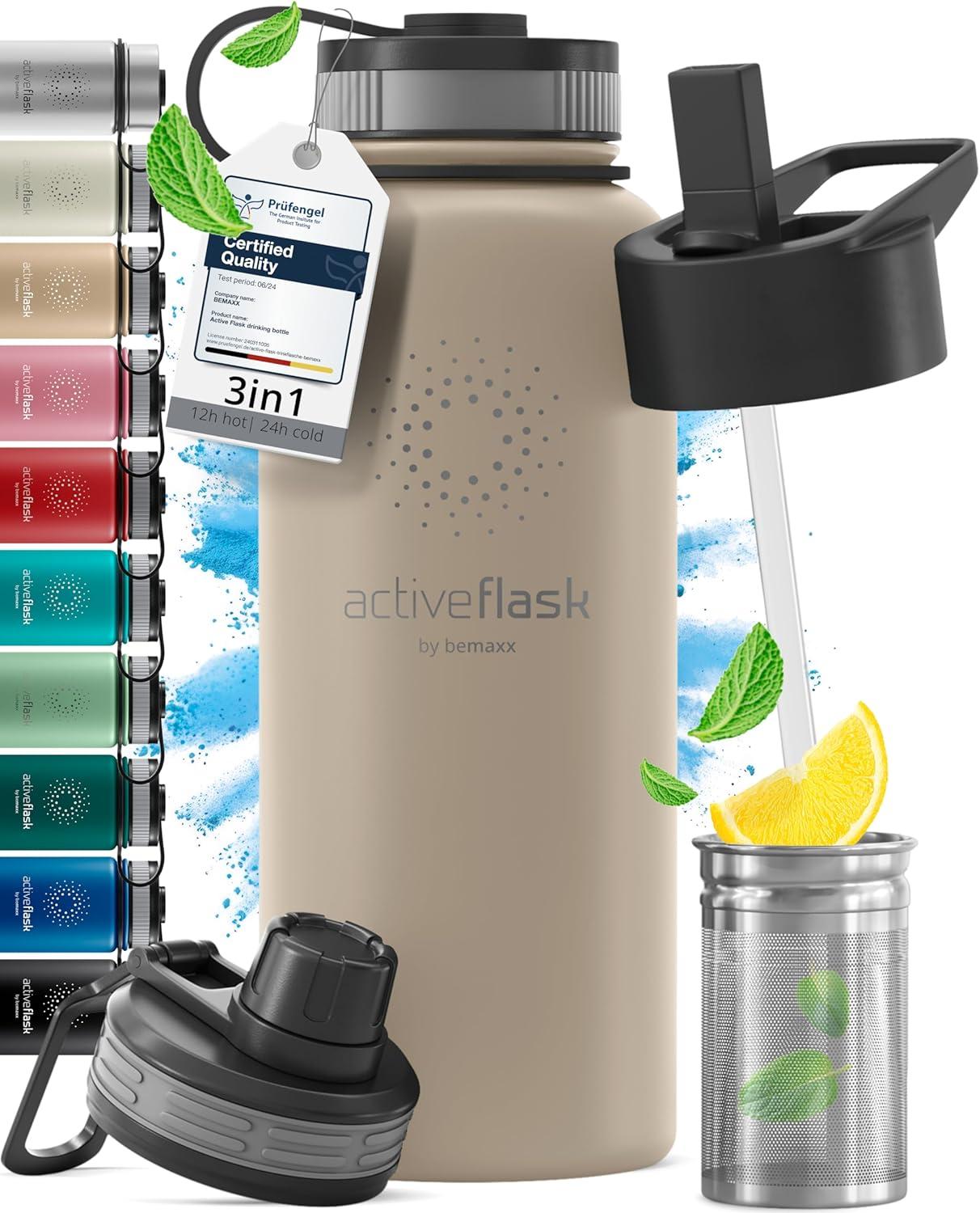 imageGourde Inox Isotherme ACTIVE FLASK 1l500ml sans BPA Paille 3 Bouchons Bouteille deau Acier Inoxydable Isole Thermos Rutilisable Camping Velo Sport Running Randonne Enfant Caf TheBeige