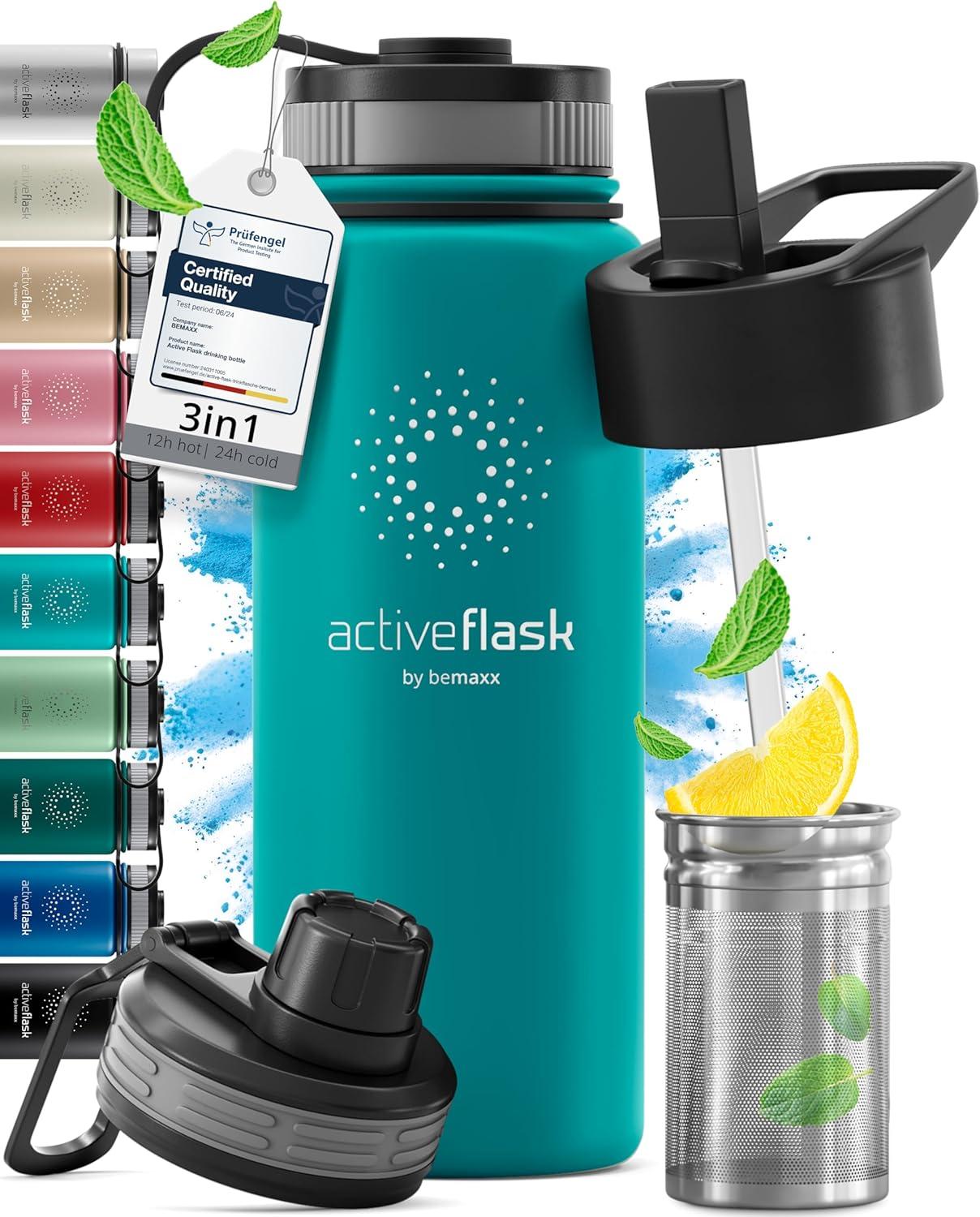 imageGourde Inox Isotherme ACTIVE FLASK 1l500ml sans BPA Paille 3 Bouchons Bouteille deau Acier Inoxydable Isole Thermos Rutilisable Camping Velo Sport Running Randonne Enfant Caf TheAquatic Cyan