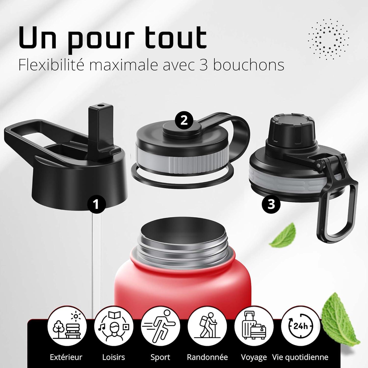 imageGourde Inox Isotherme ACTIVE FLASK 1l500ml sans BPA Paille 3 Bouchons Bouteille deau Acier Inoxydable Isole Thermos Rutilisable Camping Velo Sport Running Randonne Enfant Caf TheWild Red