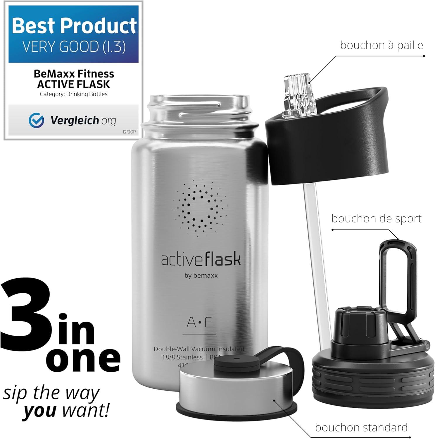 imageGourde Inox Isotherme ACTIVE FLASK 1l500ml sans BPA Paille 3 Bouchons Bouteille deau Acier Inoxydable Isole Thermos Rutilisable Camping Velo Sport Running Randonne Enfant Caf TheClassic Stainless