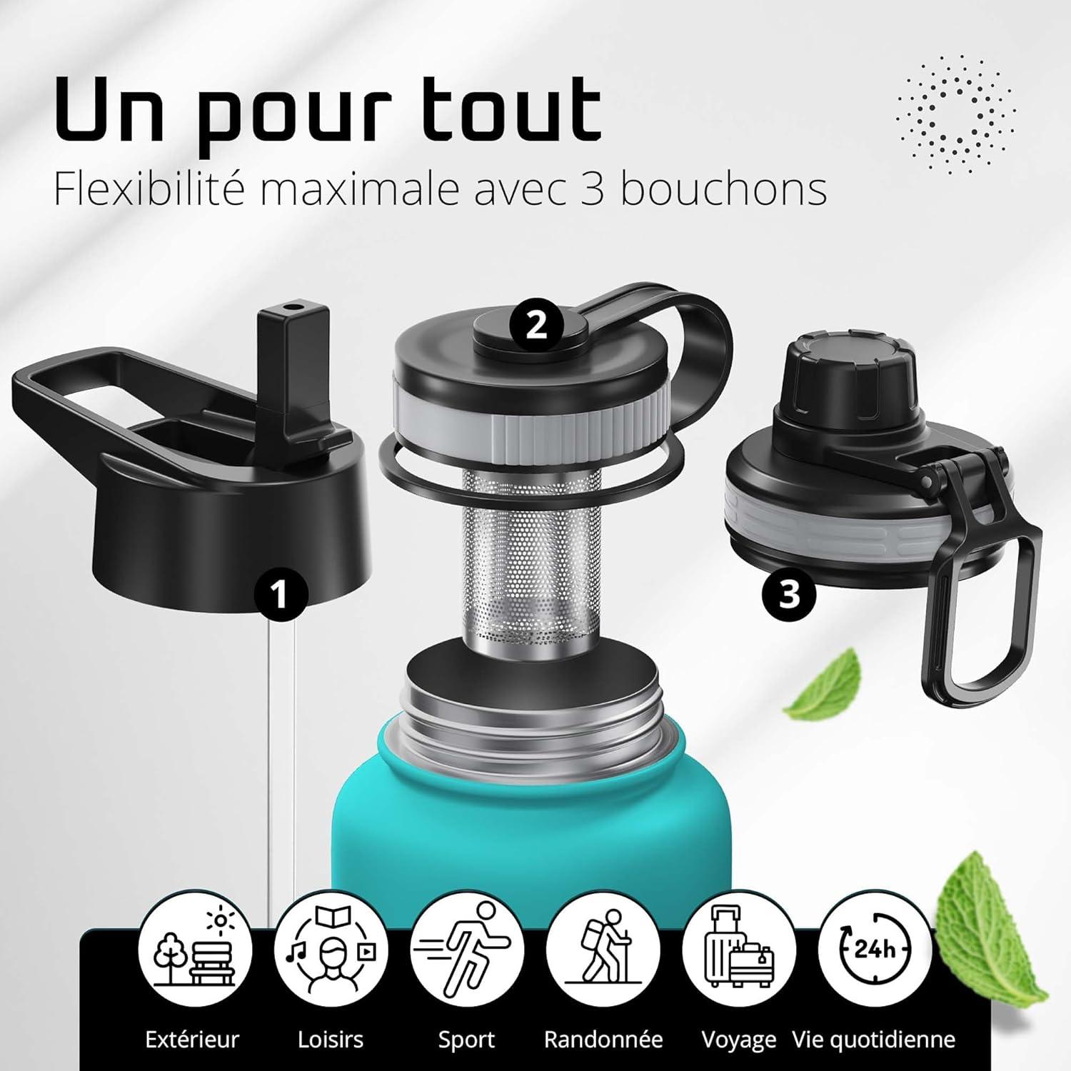 imageGourde Inox Isotherme ACTIVE FLASK 1l500ml sans BPA Paille 3 Bouchons Bouteille deau Acier Inoxydable Isole Thermos Rutilisable Camping Velo Sport Running Randonne Enfant Caf TheAquatic Cyan