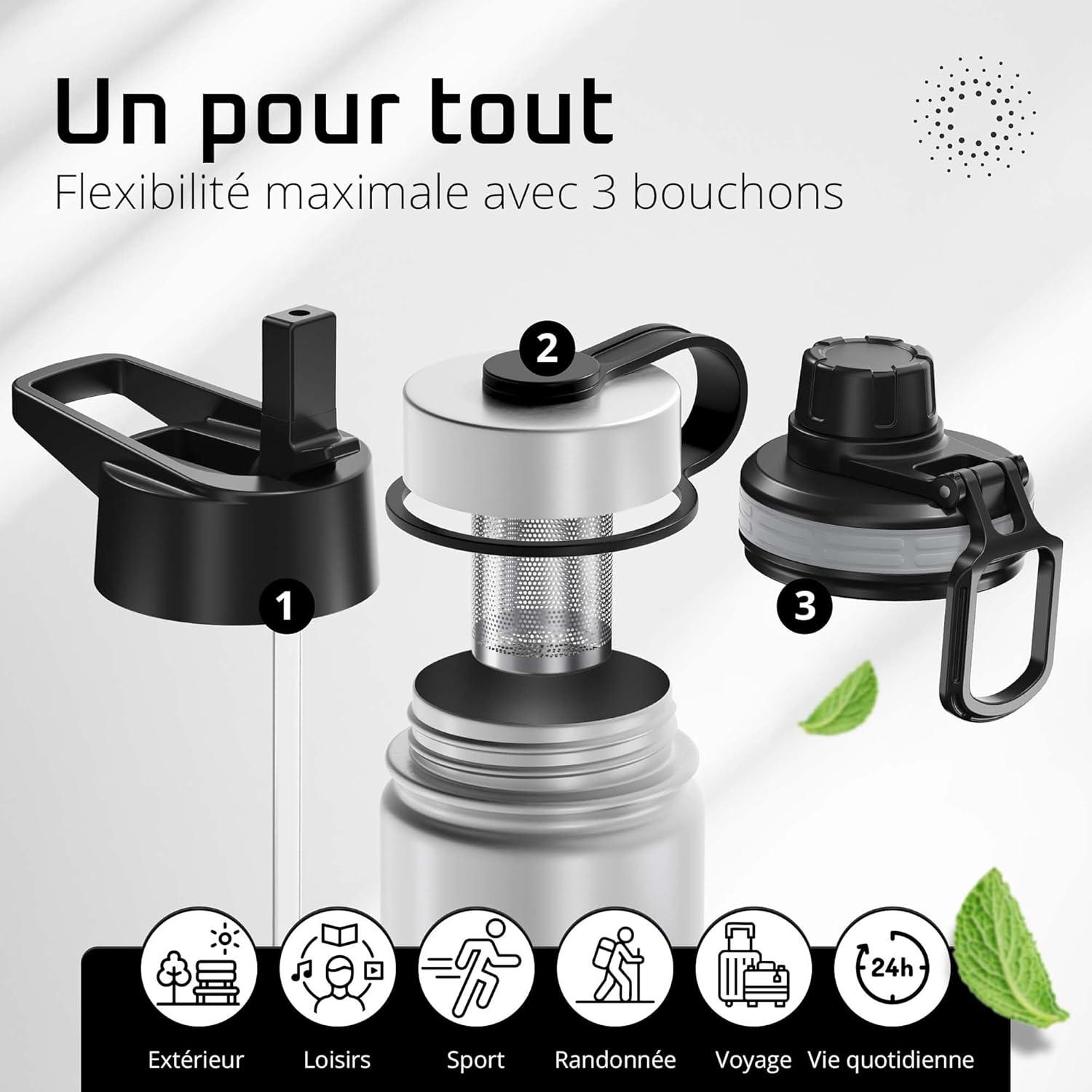 imageGourde Inox Isotherme ACTIVE FLASK 1l500ml sans BPA Paille 3 Bouchons Bouteille deau Acier Inoxydable Isole Thermos Rutilisable Camping Velo Sport Running Randonne Enfant Caf TheClassic Stainless