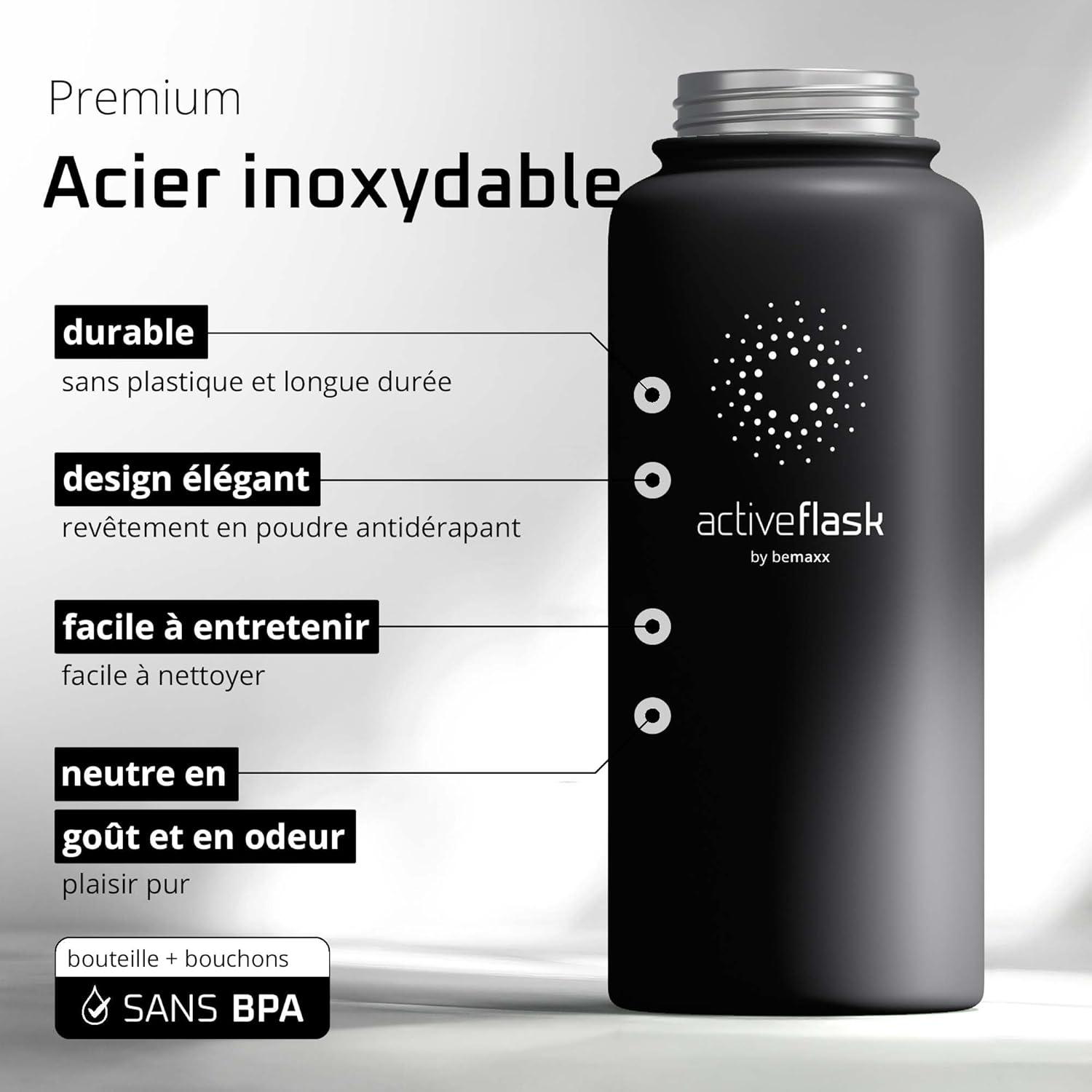 imageGourde Inox Isotherme ACTIVE FLASK 1l500ml sans BPA Paille 3 Bouchons Bouteille deau Acier Inoxydable Isole Thermos Rutilisable Camping Velo Sport Running Randonne Enfant Caf TheSolid Black