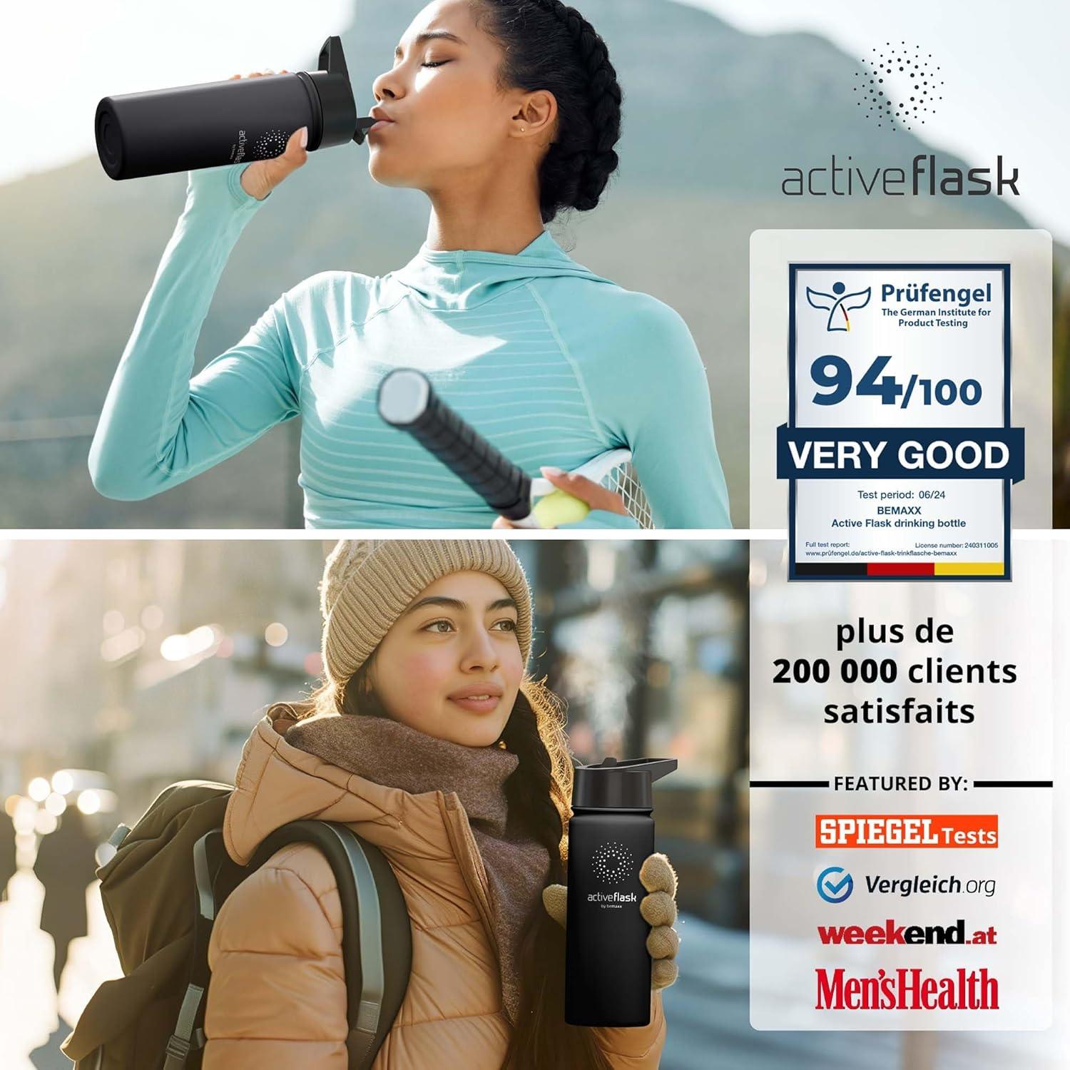 imageGourde Inox Isotherme ACTIVE FLASK 1l500ml sans BPA Paille 3 Bouchons Bouteille deau Acier Inoxydable Isole Thermos Rutilisable Camping Velo Sport Running Randonne Enfant Caf TheSolid Black