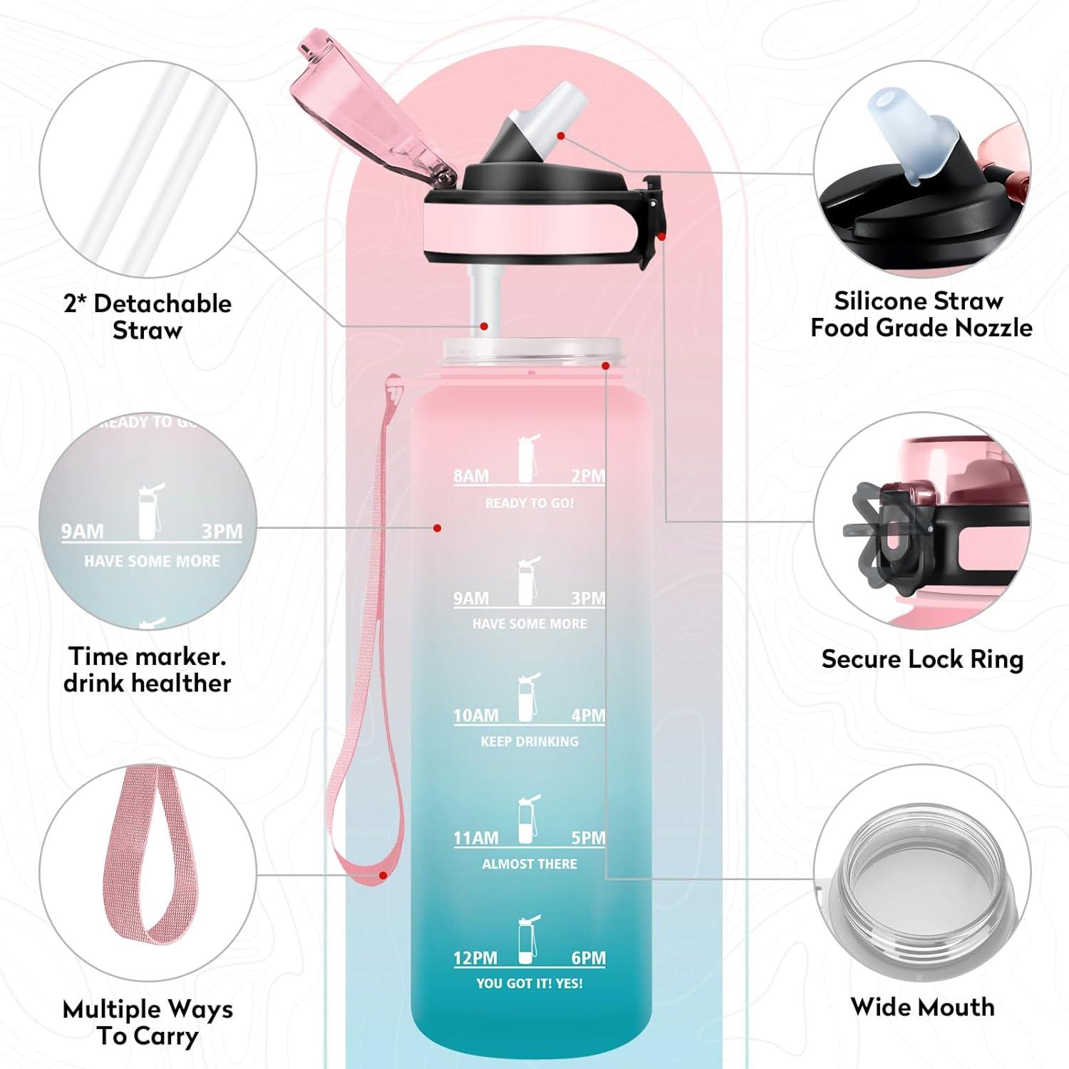 imageGourde Sport 1L Bouteille Rutilisable Gourde avec Paille et Marqueur de Temps Gourde sans BPA Bouteille Sport tanche Bouteille deau pour Sport Bureau Fitness Randonne Yoga Camping32oz1000ml Paille Rose Cyan