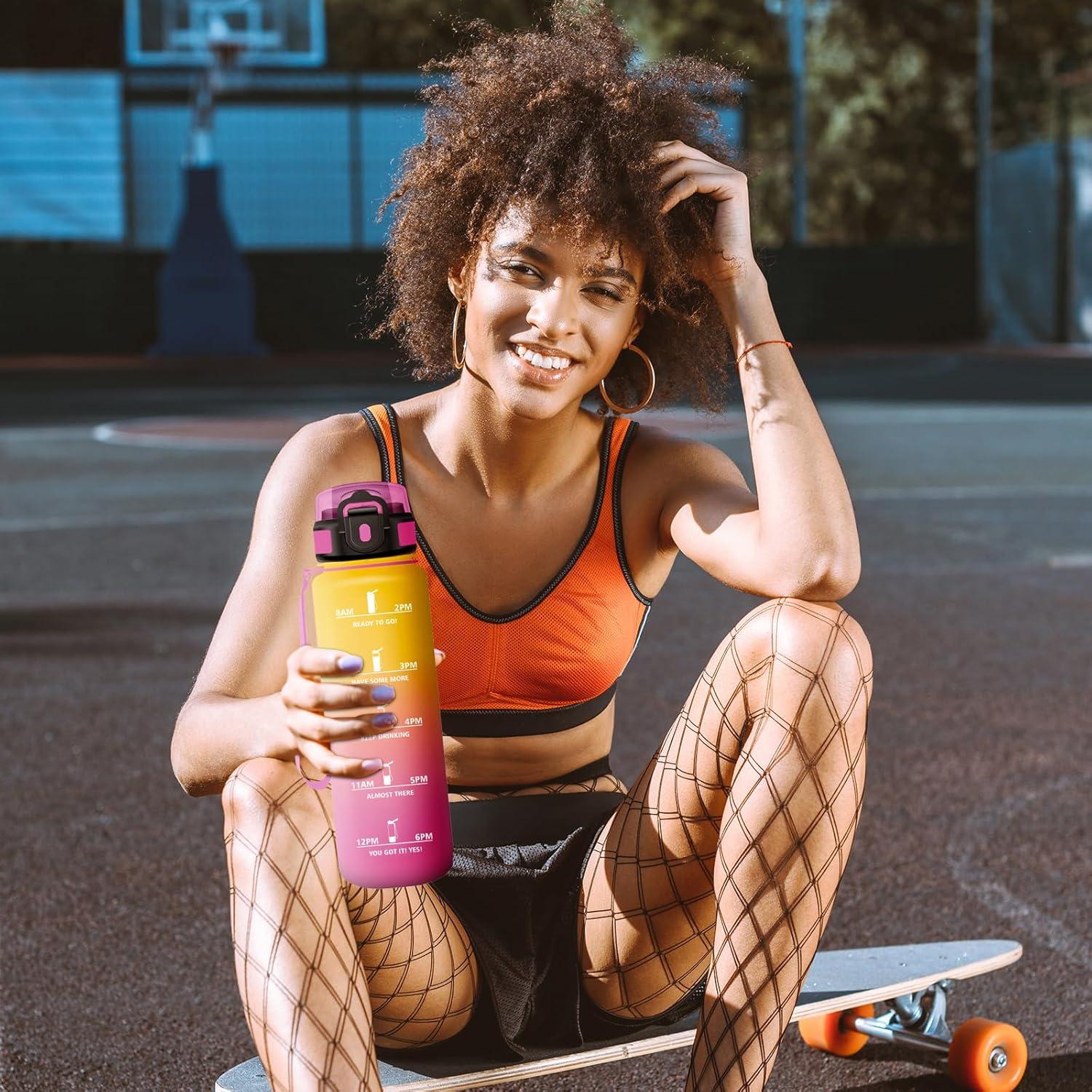 imageGourde Sport 1L Bouteille Rutilisable Gourde avec Paille et Marqueur de Temps Gourde sans BPA Bouteille Sport tanche Bouteille deau pour Sport Bureau Fitness Randonne Yoga Camping32oz1000ml Paille Jaune Rose
