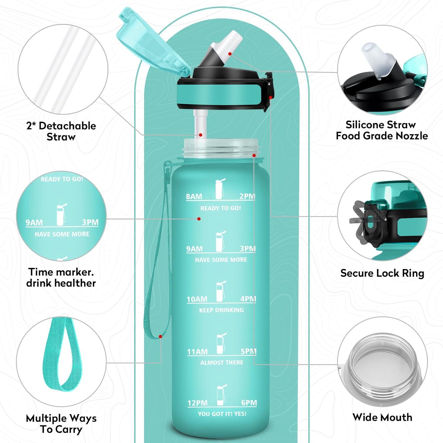 imageGourde Sport 1L Bouteille Rutilisable Gourde avec Paille et Marqueur de Temps Gourde sans BPA Bouteille Sport tanche Bouteille deau pour Sport Bureau Fitness Randonne Yoga Camping32oz1000ml Paille Mat Bleuvert