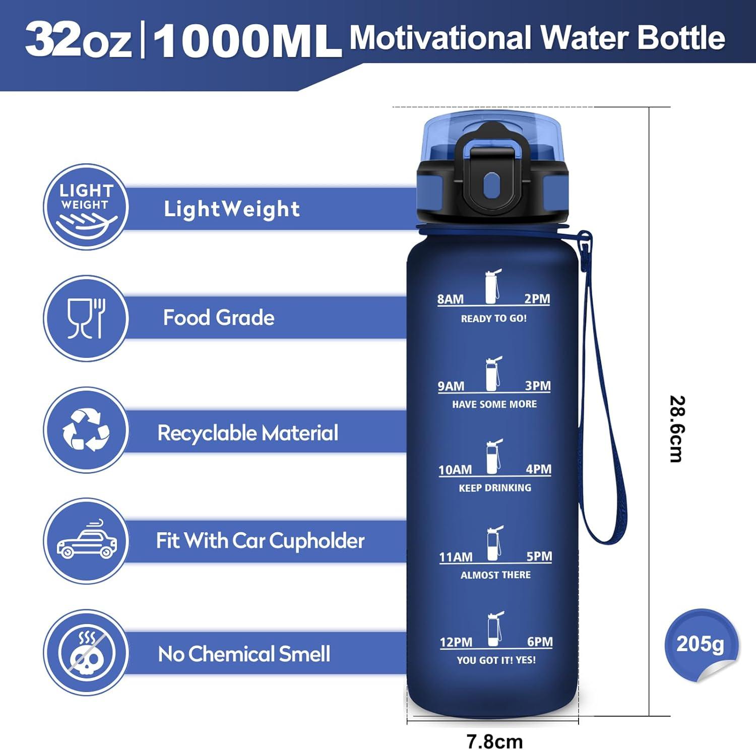 imageGourde Sport 1L Bouteille Rutilisable Gourde avec Paille et Marqueur de Temps Gourde sans BPA Bouteille Sport tanche Bouteille deau pour Sport Bureau Fitness Randonne Yoga Camping32oz1000ml Paille Mat Bleu