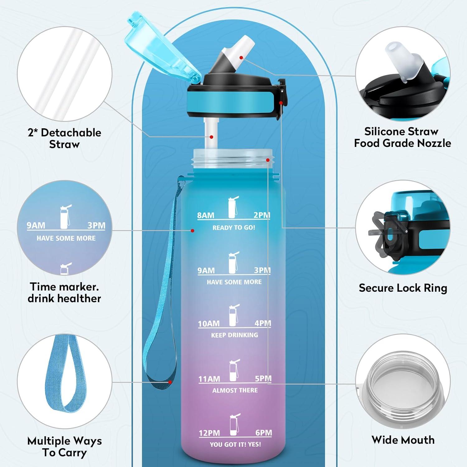 imageGourde Sport 1L Bouteille Rutilisable Gourde avec Paille et Marqueur de Temps Gourde sans BPA Bouteille Sport tanche Bouteille deau pour Sport Bureau Fitness Randonne Yoga Camping32oz1000ml Paille Bleu Violet