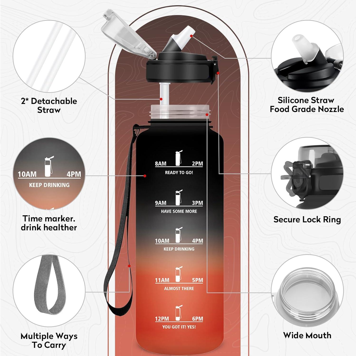 imageGourde Sport 1L Bouteille Rutilisable Gourde avec Paille et Marqueur de Temps Gourde sans BPA Bouteille Sport tanche Bouteille deau pour Sport Bureau Fitness Randonne Yoga Camping50oz1500ml Paille Noir Rouge