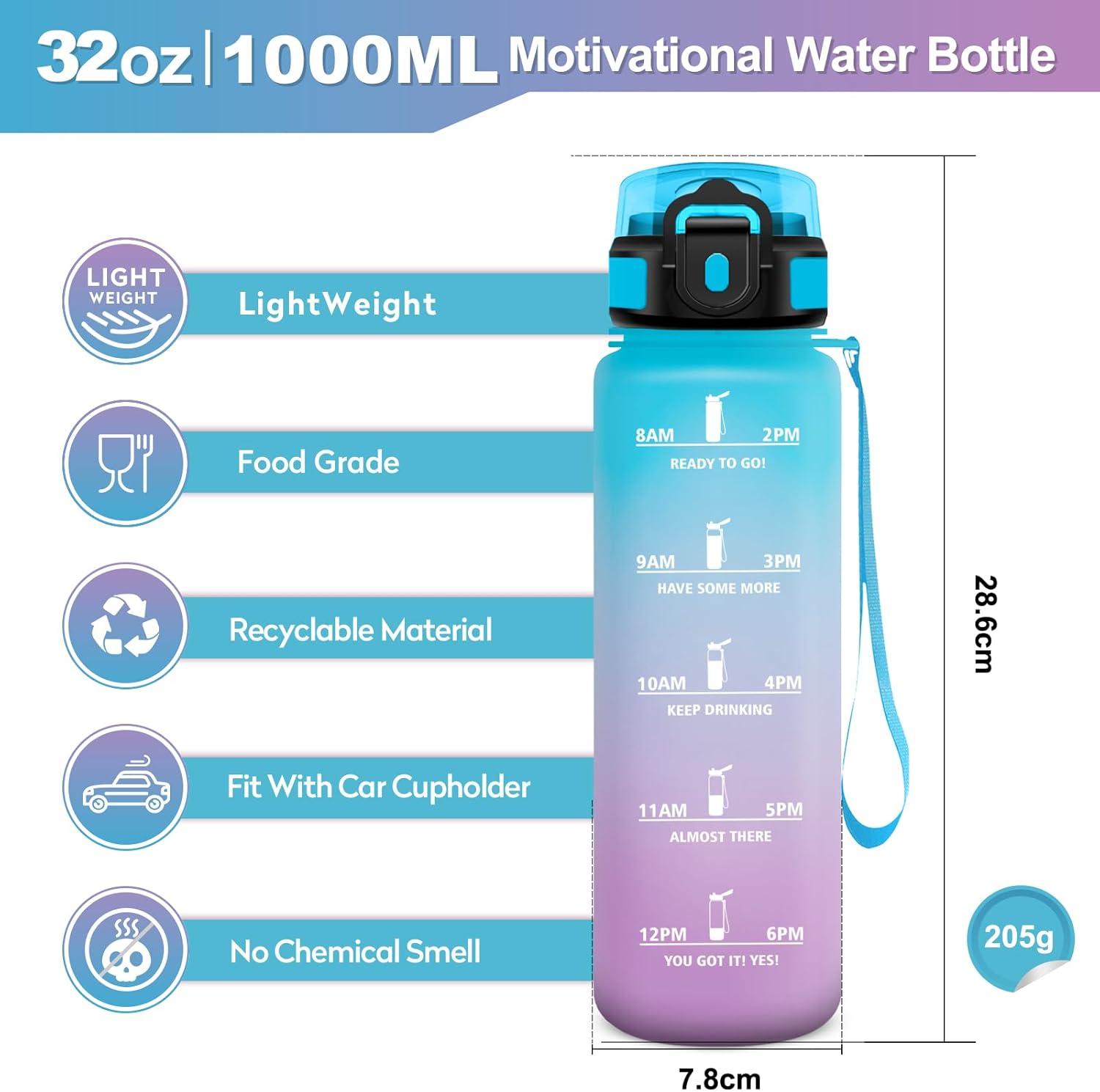 imageGourde Sport 1L Bouteille Rutilisable Gourde avec Paille et Marqueur de Temps Gourde sans BPA Bouteille Sport tanche Bouteille deau pour Sport Bureau Fitness Randonne Yoga Camping32oz1000ml Paille Bleu Violet