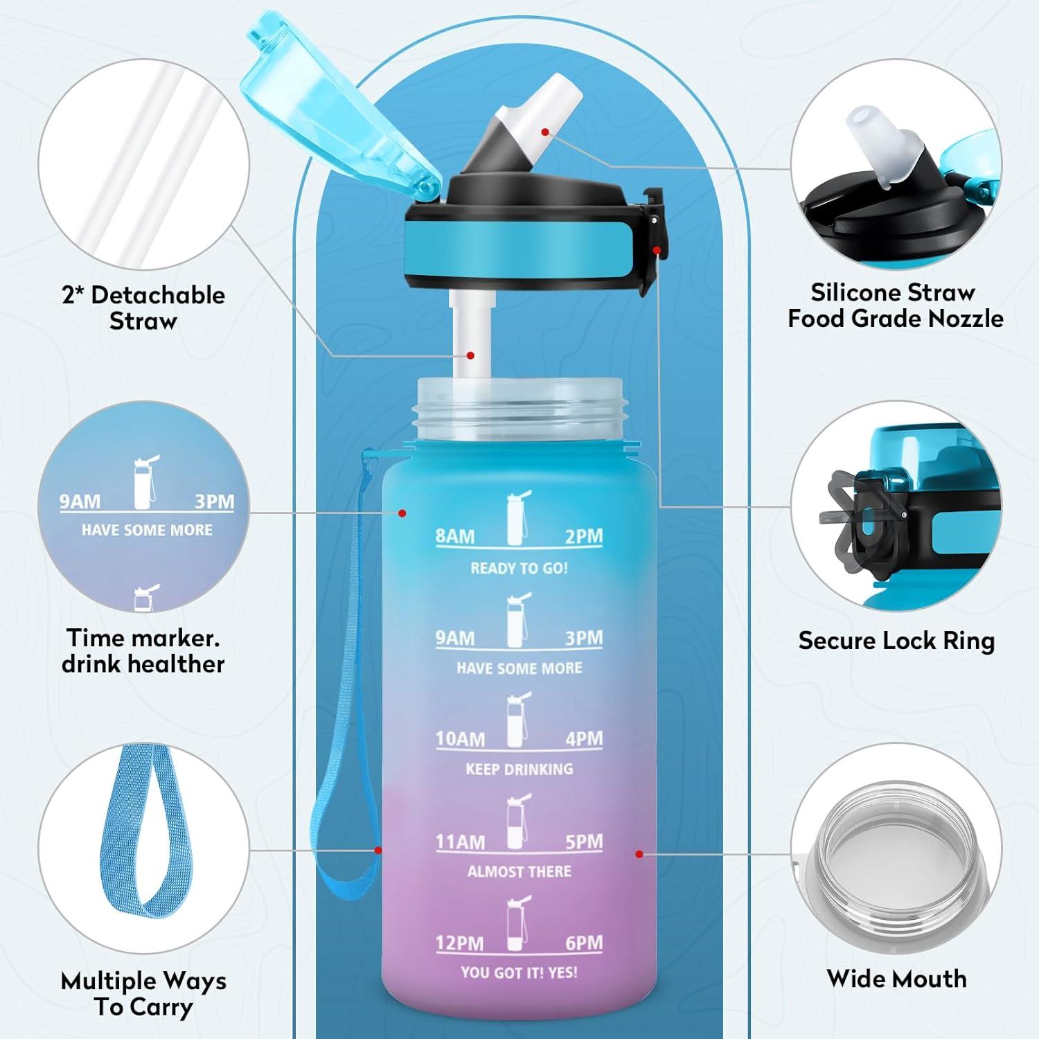 imageGourde Sport 1L Bouteille Rutilisable Gourde avec Paille et Marqueur de Temps Gourde sans BPA Bouteille Sport tanche Bouteille deau pour Sport Bureau Fitness Randonne Yoga Camping17oz500ml Paille Bleu Violet