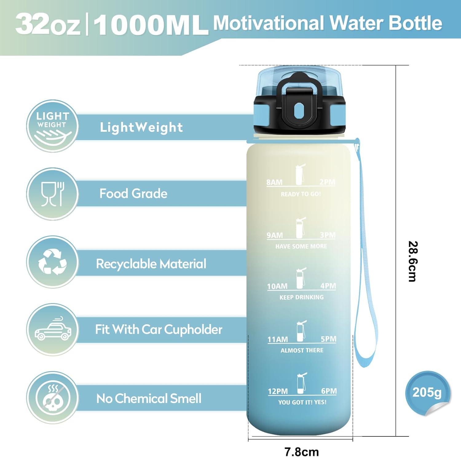 imageGourde Sport 1L Bouteille Rutilisable Gourde avec Paille et Marqueur de Temps Gourde sans BPA Bouteille Sport tanche Bouteille deau pour Sport Bureau Fitness Randonne Yoga Camping32oz1000ml Paille Blanc Bleu Clair