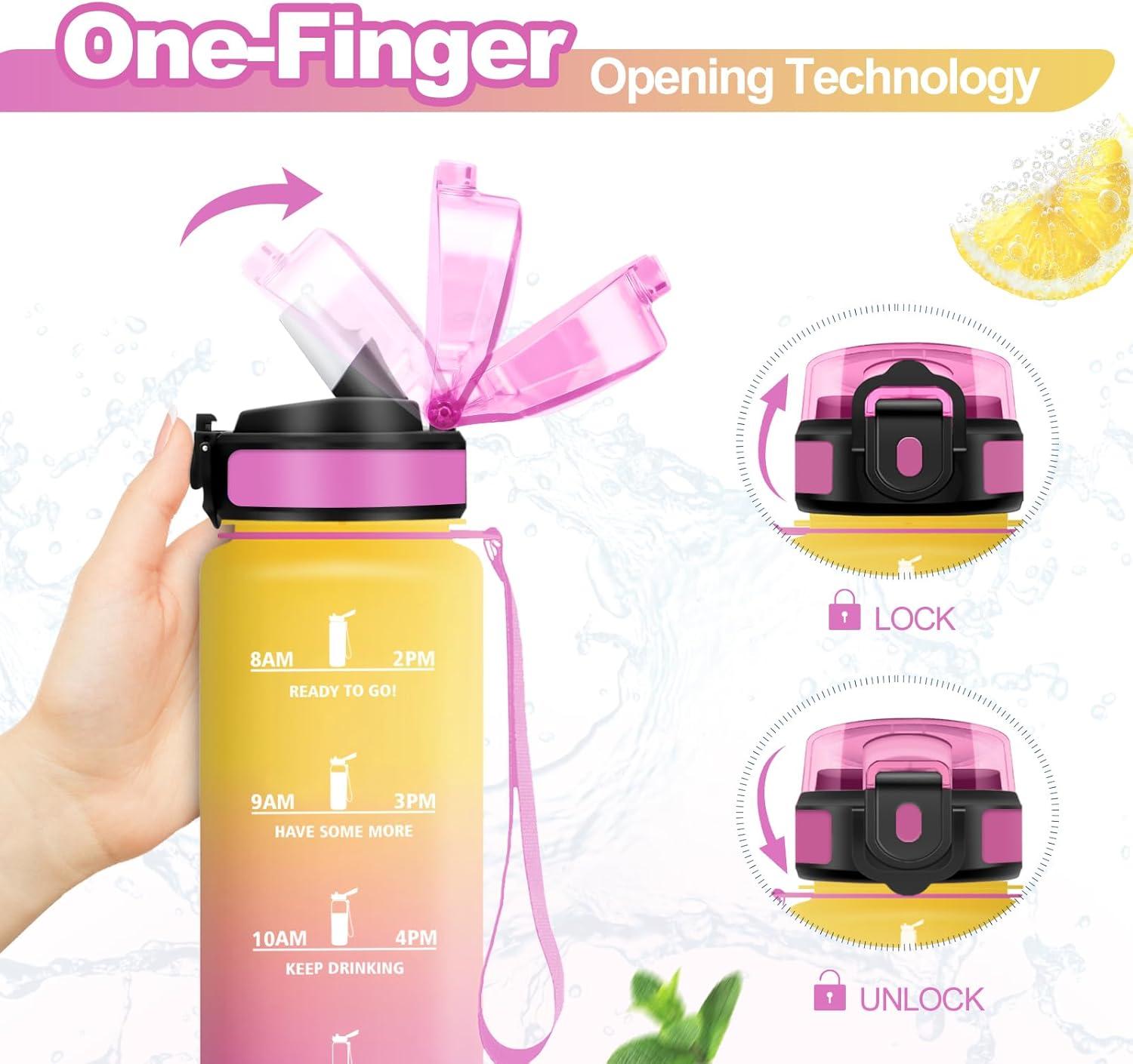 imageGourde Sport 1L Bouteille Rutilisable Gourde avec Paille et Marqueur de Temps Gourde sans BPA Bouteille Sport tanche Bouteille deau pour Sport Bureau Fitness Randonne Yoga Camping32oz1000ml Paille Jaune Rose