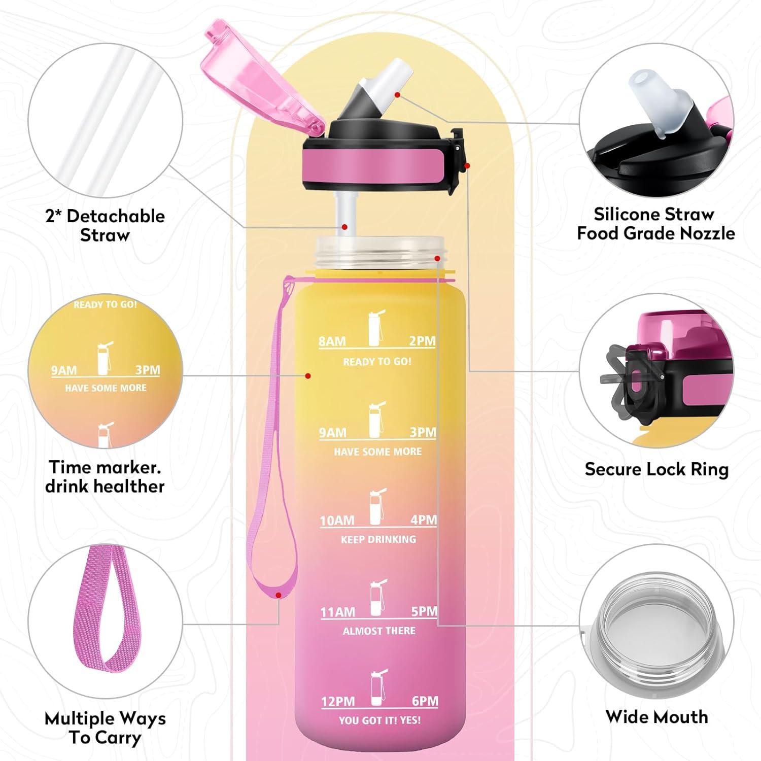 imageGourde Sport 1L Bouteille Rutilisable Gourde avec Paille et Marqueur de Temps Gourde sans BPA Bouteille Sport tanche Bouteille deau pour Sport Bureau Fitness Randonne Yoga Camping32oz1000ml Paille Jaune Rose