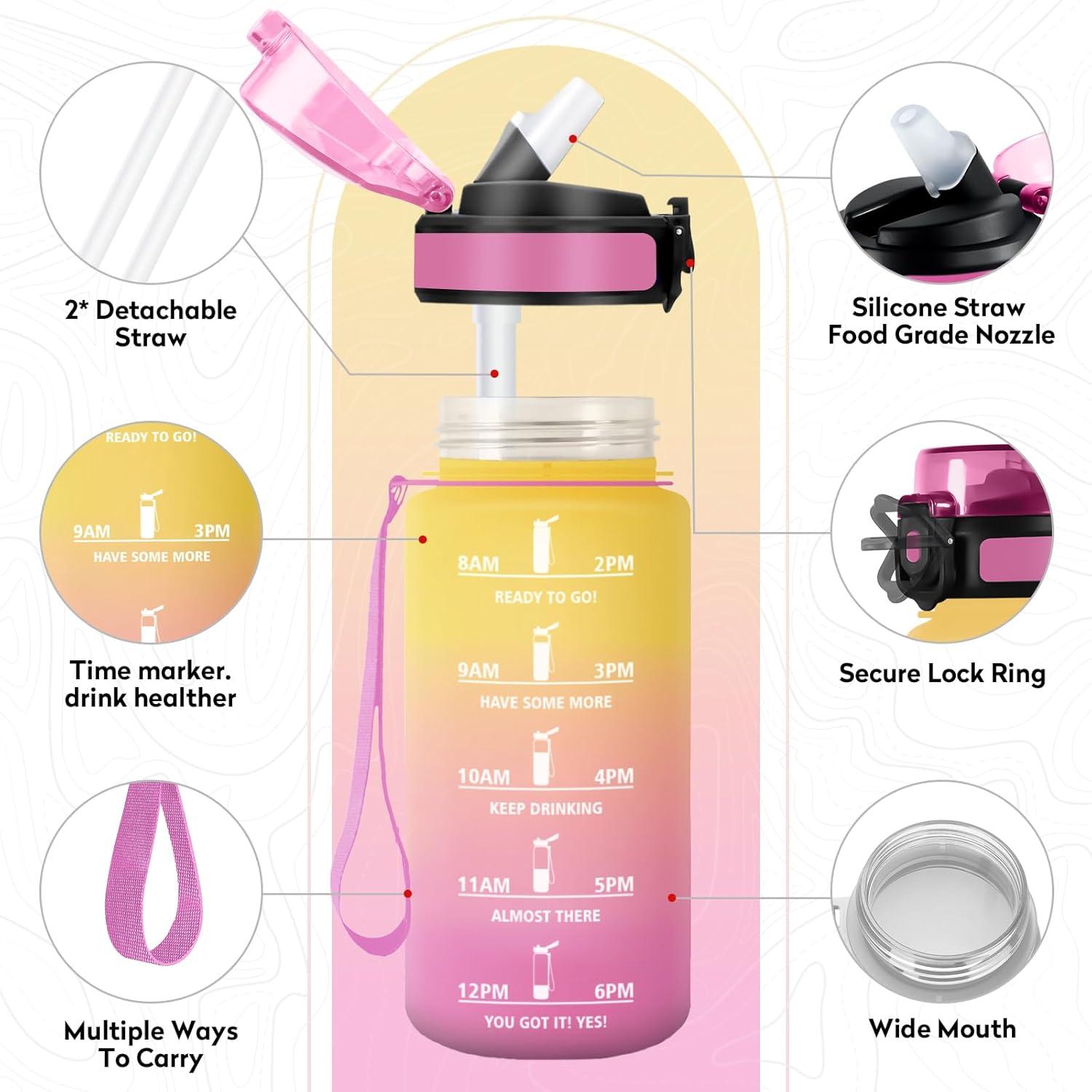 imageGourde Sport 1L Bouteille Rutilisable Gourde avec Paille et Marqueur de Temps Gourde sans BPA Bouteille Sport tanche Bouteille deau pour Sport Bureau Fitness Randonne Yoga Camping17oz500ml Paille Jaune Rose