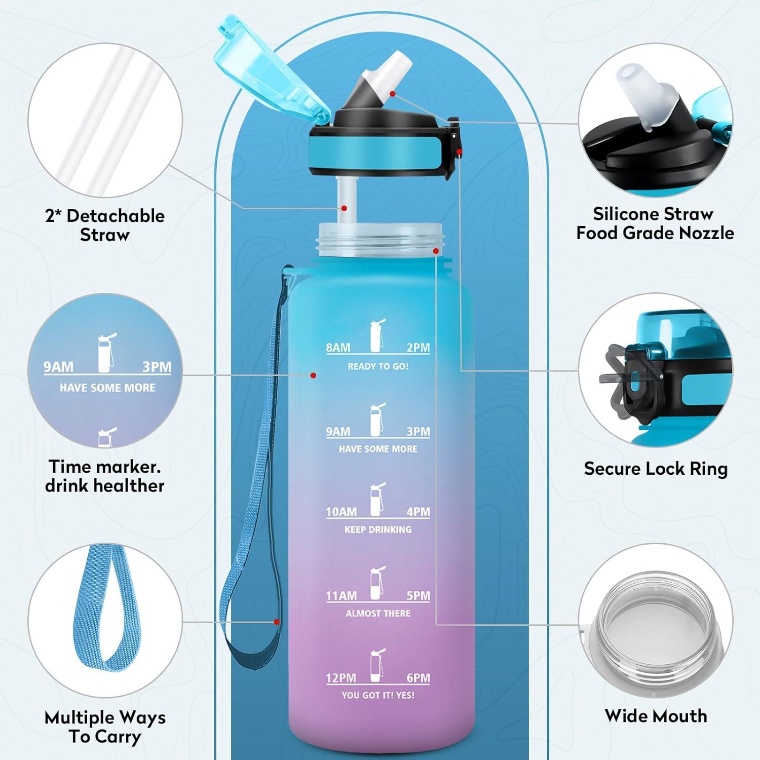 imageGourde Sport 1L Bouteille Rutilisable Gourde avec Paille et Marqueur de Temps Gourde sans BPA Bouteille Sport tanche Bouteille deau pour Sport Bureau Fitness Randonne Yoga Camping50oz1500ml Paille Bleu Violet