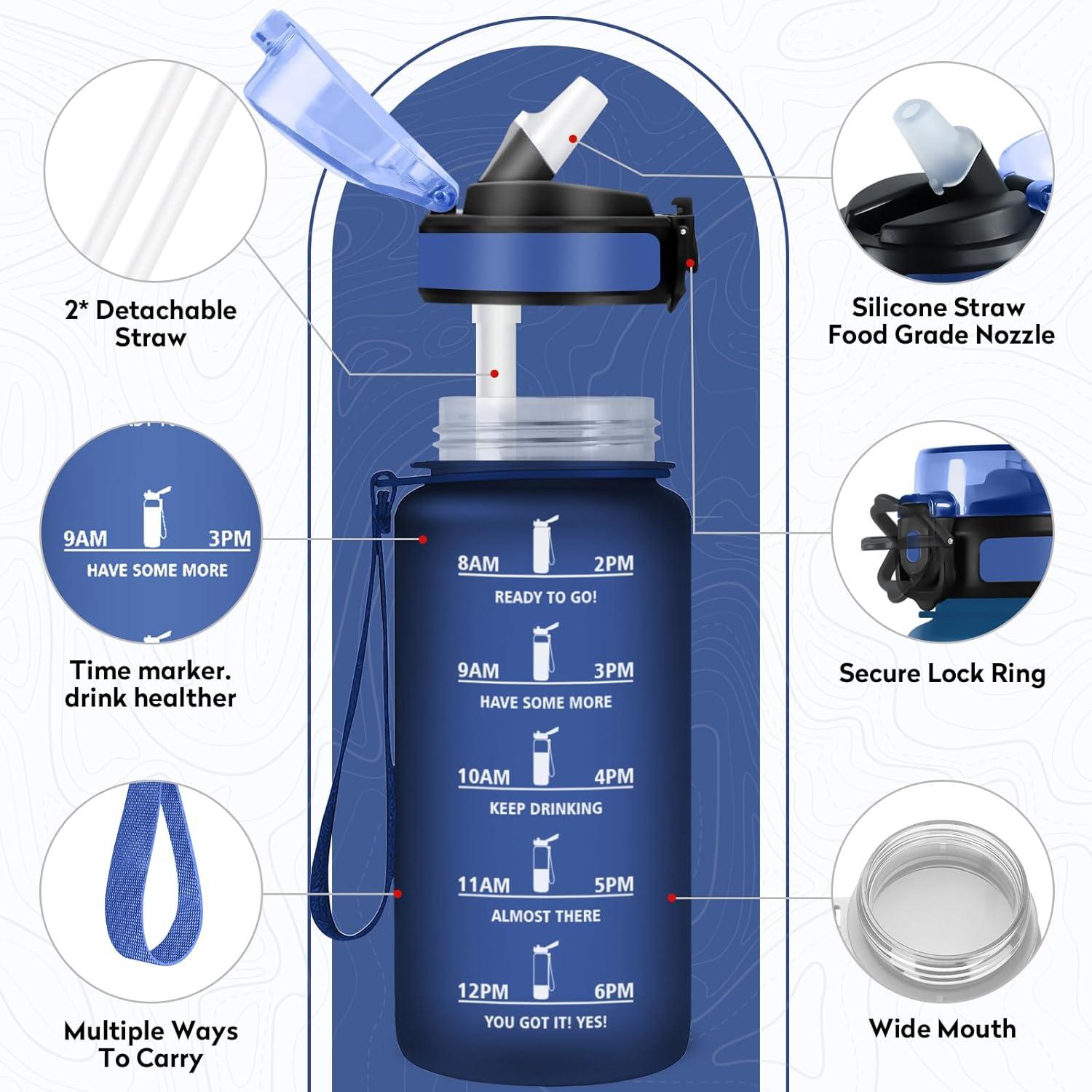 imageGourde Sport 1L Bouteille Rutilisable Gourde avec Paille et Marqueur de Temps Gourde sans BPA Bouteille Sport tanche Bouteille deau pour Sport Bureau Fitness Randonne Yoga Camping17oz500ml Paille Mat Bleu
