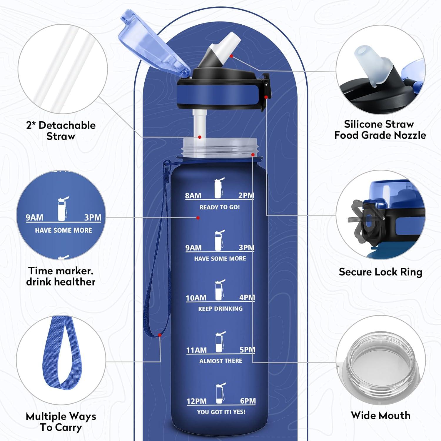 imageGourde Sport 1L Bouteille Rutilisable Gourde avec Paille et Marqueur de Temps Gourde sans BPA Bouteille Sport tanche Bouteille deau pour Sport Bureau Fitness Randonne Yoga Camping32oz1000ml Paille Mat Bleu