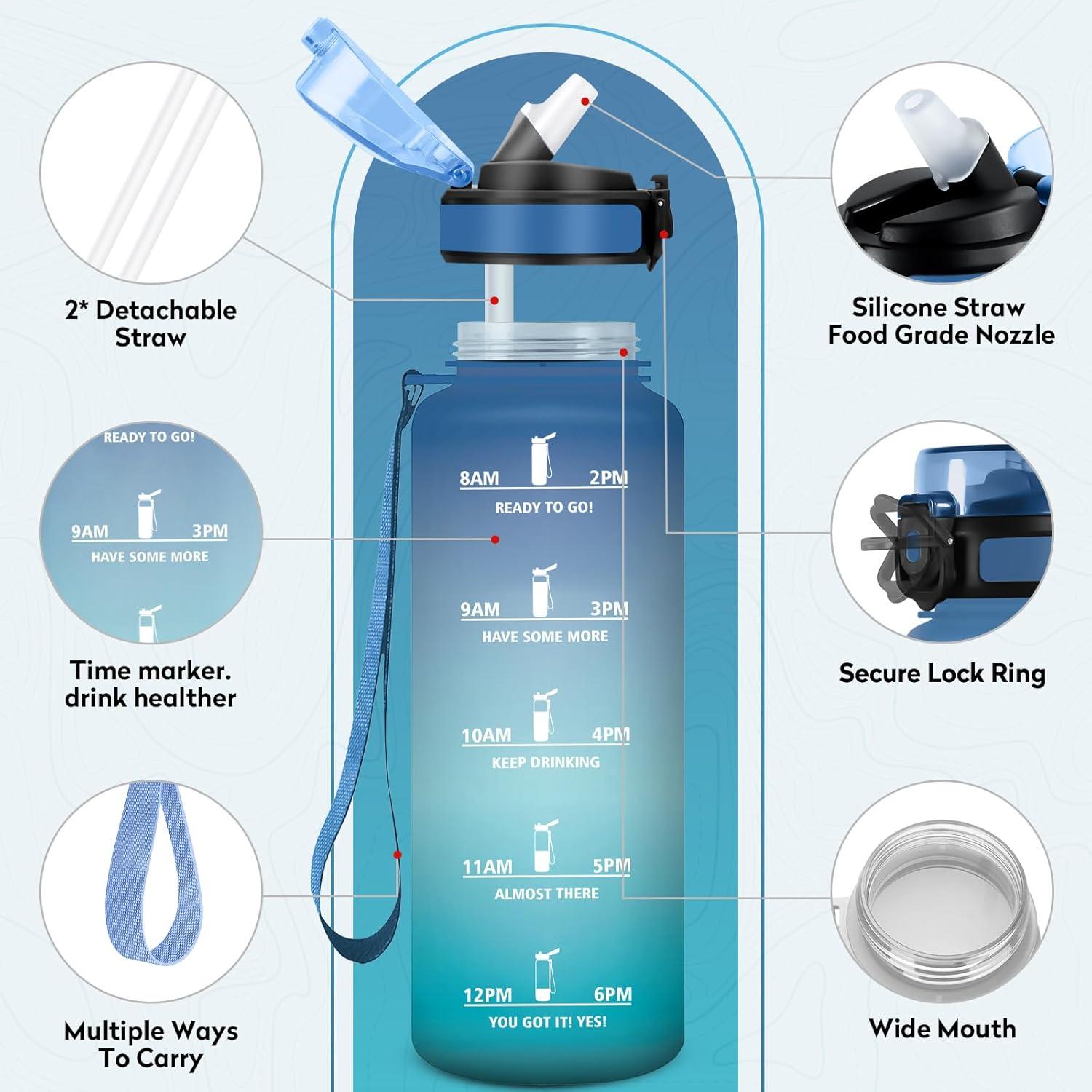 imageGourde Sport 1L Bouteille Rutilisable Gourde avec Paille et Marqueur de Temps Gourde sans BPA Bouteille Sport tanche Bouteille deau pour Sport Bureau Fitness Randonne Yoga Camping50oz1500ml Paille Bleu Vert