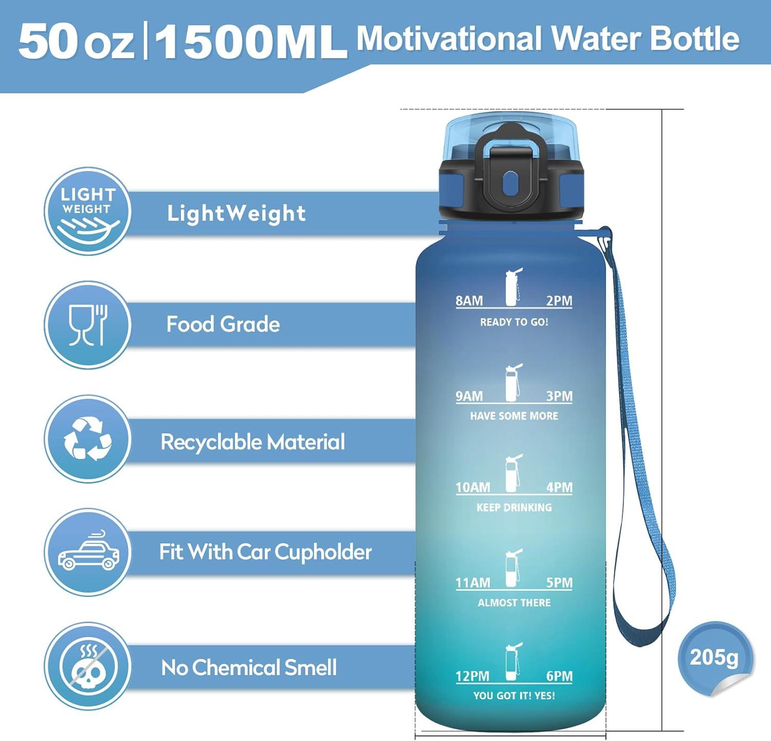 imageGourde Sport 1L Bouteille Rutilisable Gourde avec Paille et Marqueur de Temps Gourde sans BPA Bouteille Sport tanche Bouteille deau pour Sport Bureau Fitness Randonne Yoga Camping50oz1500ml Paille Bleu Vert