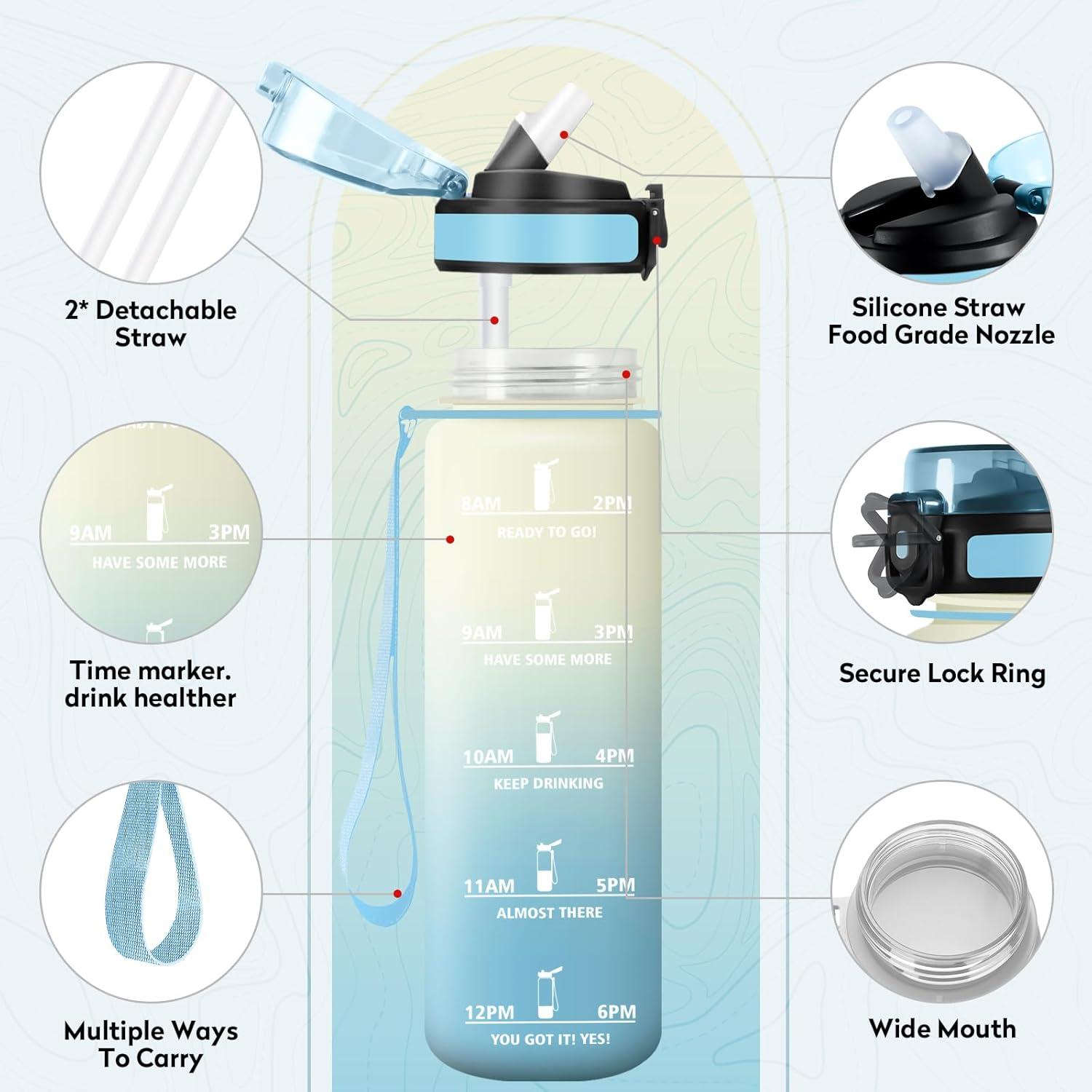 imageGourde Sport 1L Bouteille Rutilisable Gourde avec Paille et Marqueur de Temps Gourde sans BPA Bouteille Sport tanche Bouteille deau pour Sport Bureau Fitness Randonne Yoga Camping32oz1000ml Paille Blanc Bleu Clair