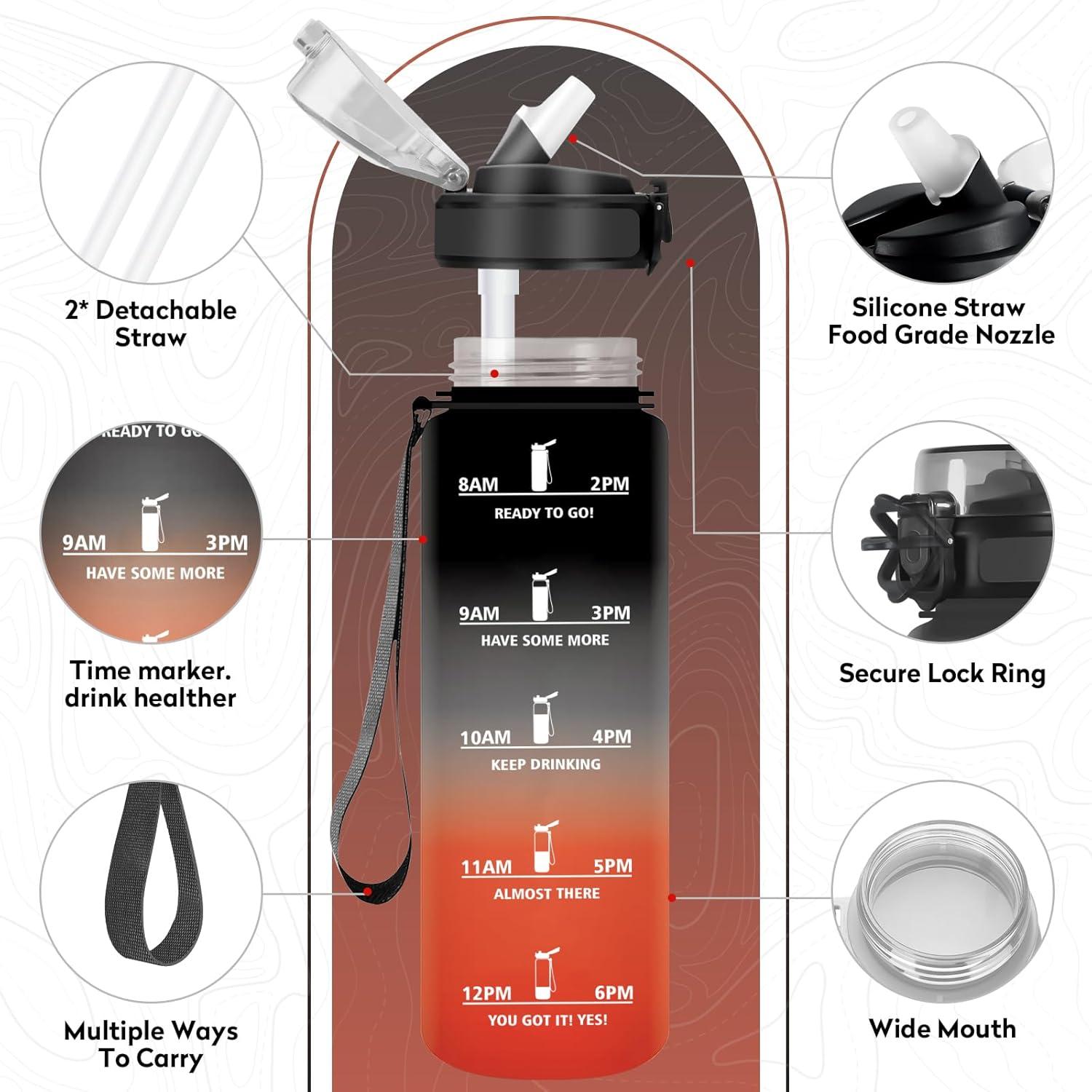 imageGourde Sport 1L Bouteille Rutilisable Gourde avec Paille et Marqueur de Temps Gourde sans BPA Bouteille Sport tanche Bouteille deau pour Sport Bureau Fitness Randonne Yoga Camping32oz1000ml Paille Noir Rouge