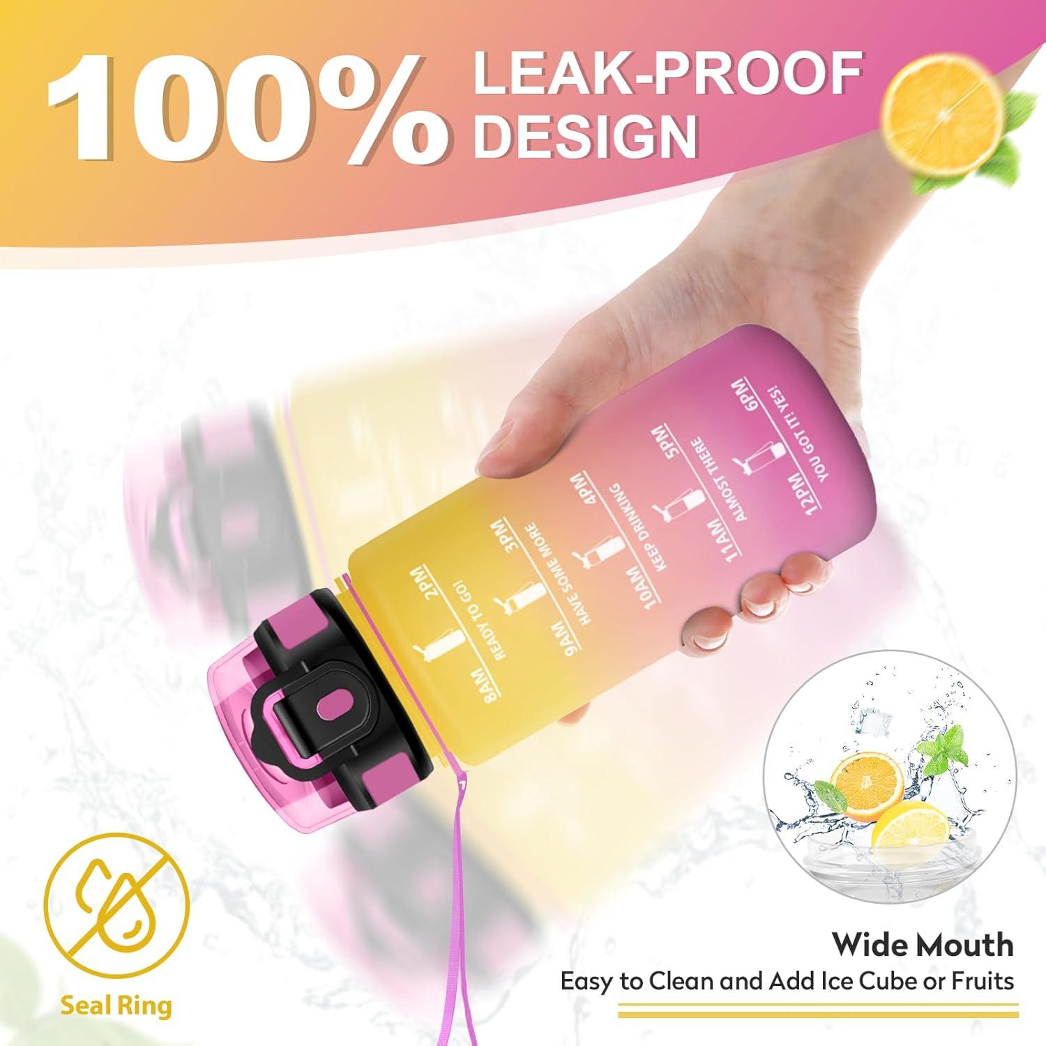 imageGourde Sport 1L Bouteille Rutilisable Gourde avec Paille et Marqueur de Temps Gourde sans BPA Bouteille Sport tanche Bouteille deau pour Sport Bureau Fitness Randonne Yoga Camping17oz500ml Paille Jaune Rose