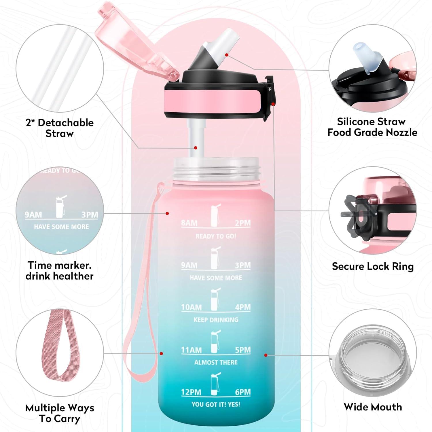 imageGourde Sport 1L Bouteille Rutilisable Gourde avec Paille et Marqueur de Temps Gourde sans BPA Bouteille Sport tanche Bouteille deau pour Sport Bureau Fitness Randonne Yoga Camping17oz500ml Paille Rose Cyan
