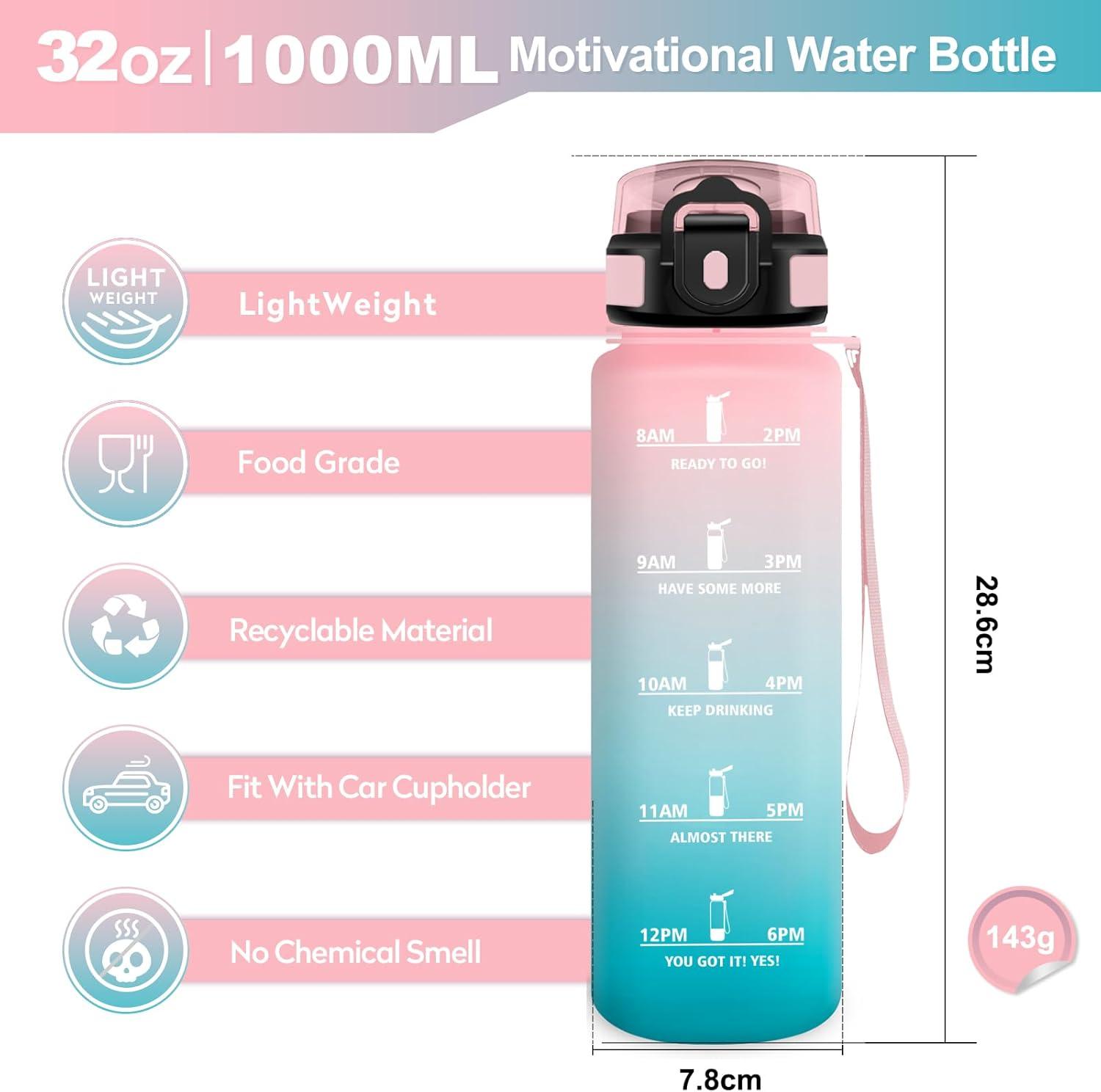 imageGourde Sport 1L Bouteille Rutilisable Gourde avec Paille et Marqueur de Temps Gourde sans BPA Bouteille Sport tanche Bouteille deau pour Sport Bureau Fitness Randonne Yoga Camping32oz1000ml Paille Rose Cyan