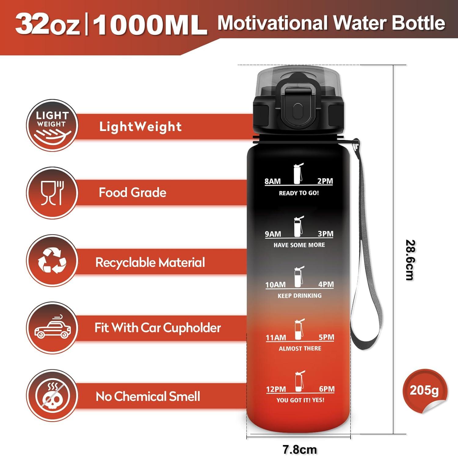imageGourde Sport 1L Bouteille Rutilisable Gourde avec Paille et Marqueur de Temps Gourde sans BPA Bouteille Sport tanche Bouteille deau pour Sport Bureau Fitness Randonne Yoga Camping32oz1000ml Paille Noir Rouge