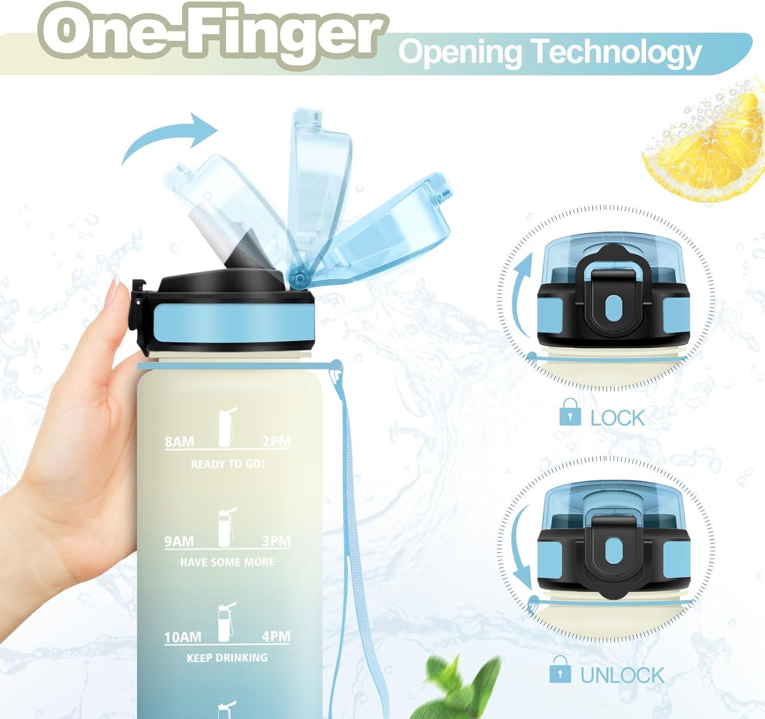 imageGourde Sport 1L Bouteille Rutilisable Gourde avec Paille et Marqueur de Temps Gourde sans BPA Bouteille Sport tanche Bouteille deau pour Sport Bureau Fitness Randonne Yoga Camping32oz1000ml Paille Blanc Bleu Clair