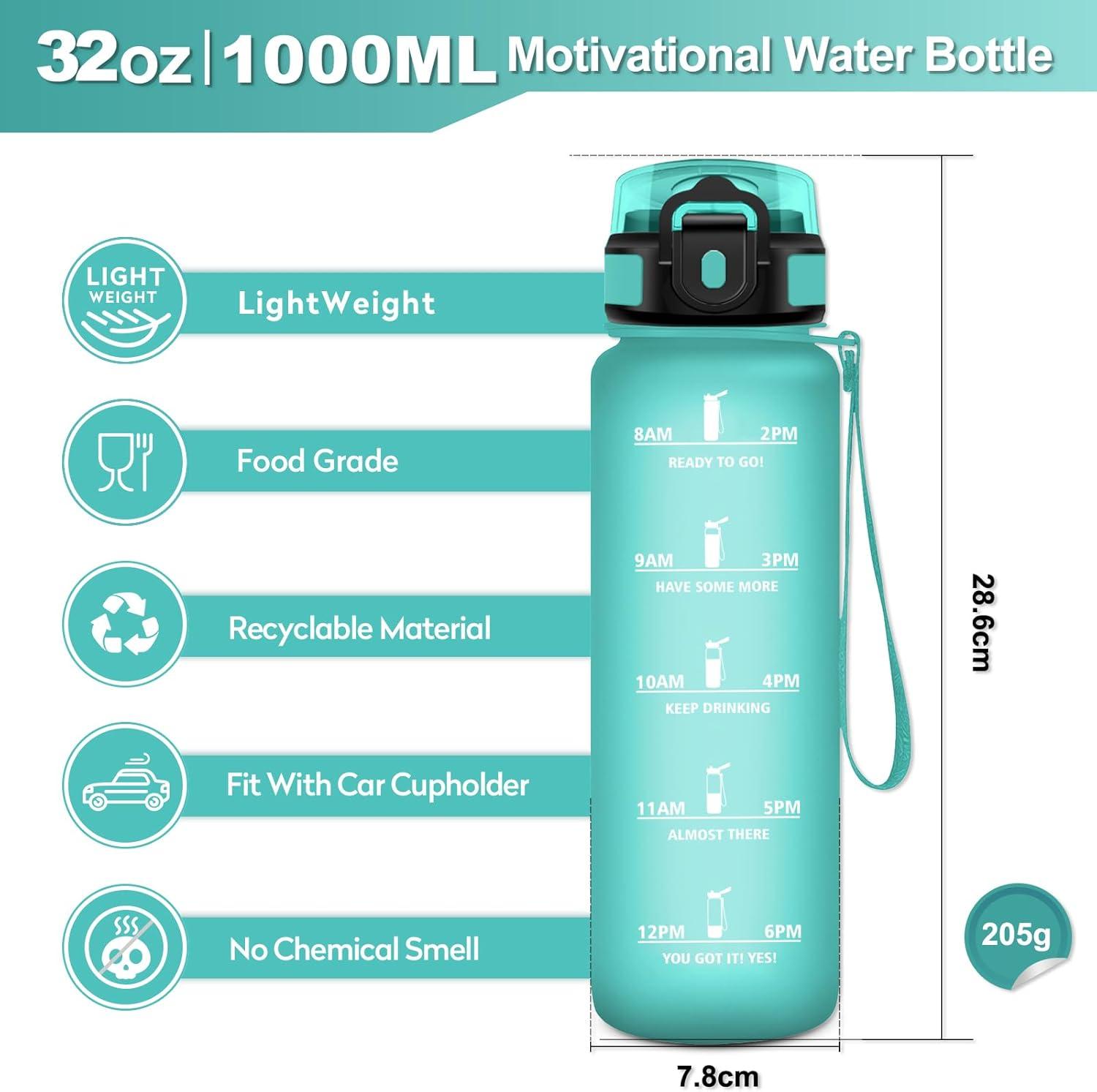 imageGourde Sport 1L Bouteille Rutilisable Gourde avec Paille et Marqueur de Temps Gourde sans BPA Bouteille Sport tanche Bouteille deau pour Sport Bureau Fitness Randonne Yoga Camping32oz1000ml Paille Mat Bleuvert