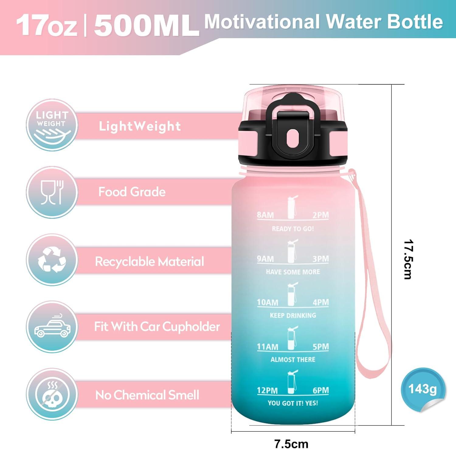 imageGourde Sport 1L Bouteille Rutilisable Gourde avec Paille et Marqueur de Temps Gourde sans BPA Bouteille Sport tanche Bouteille deau pour Sport Bureau Fitness Randonne Yoga Camping17oz500ml Paille Rose Cyan